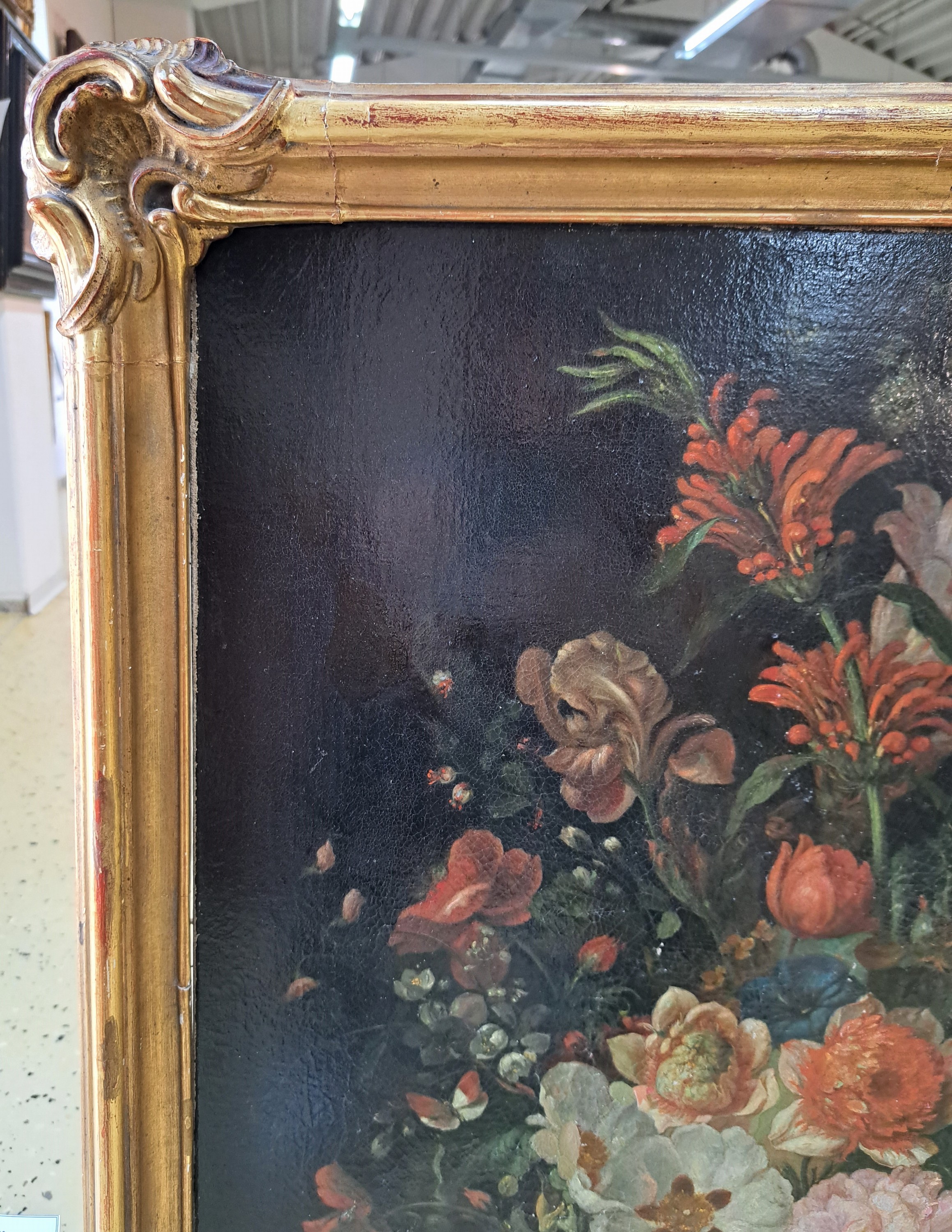 Detail f: Barocker Altmeister, 17./18. Jh., Blumenstück mit Schmetterling, feine lasierende Malerei, hohe Stofflichkeit, krakeliert, alt restauriert, ...
