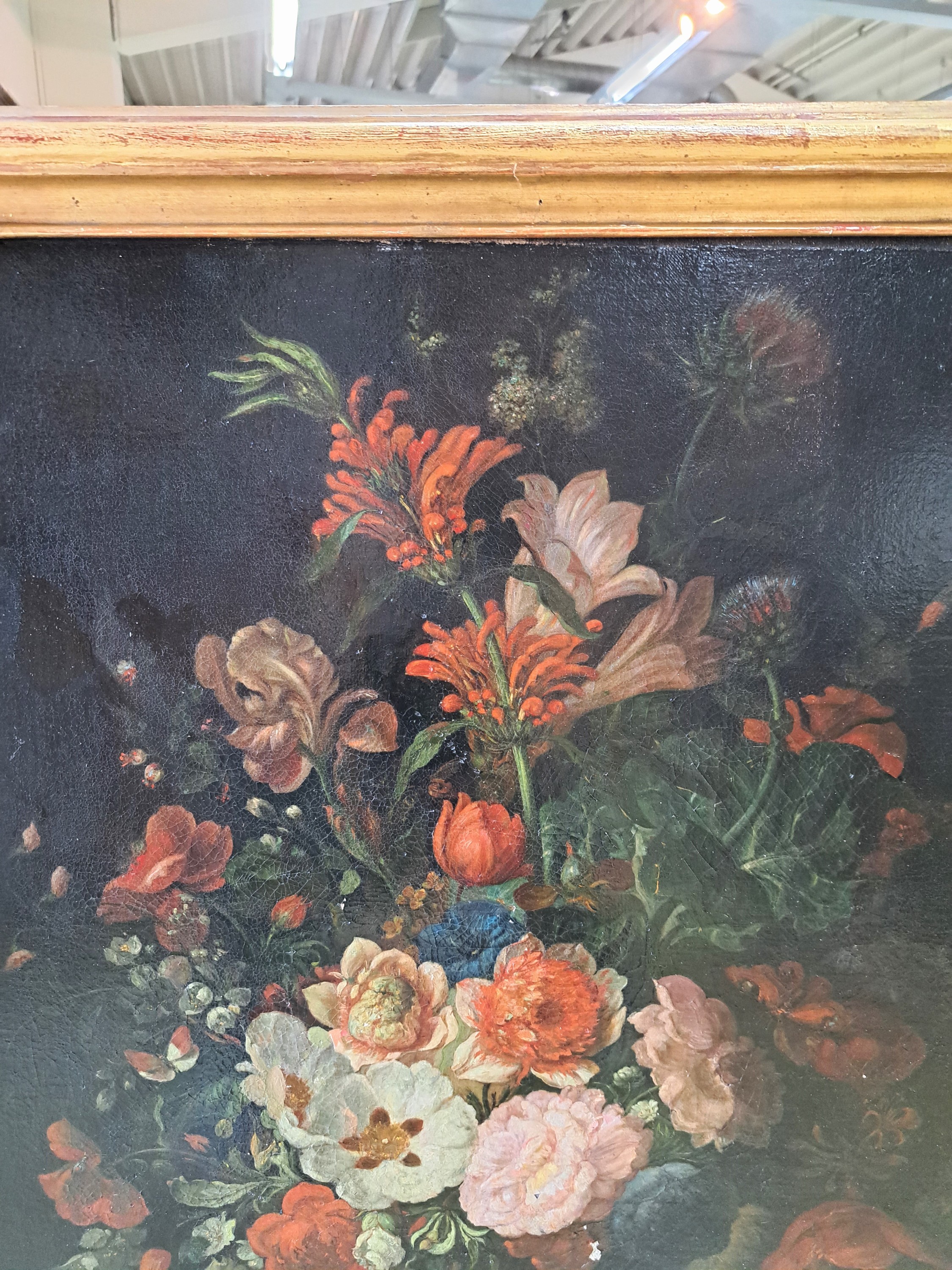 Detail g: Barocker Altmeister, 17./18. Jh., Blumenstück mit Schmetterling, feine lasierende Malerei, hohe Stofflichkeit, krakeliert, alt restauriert, ...