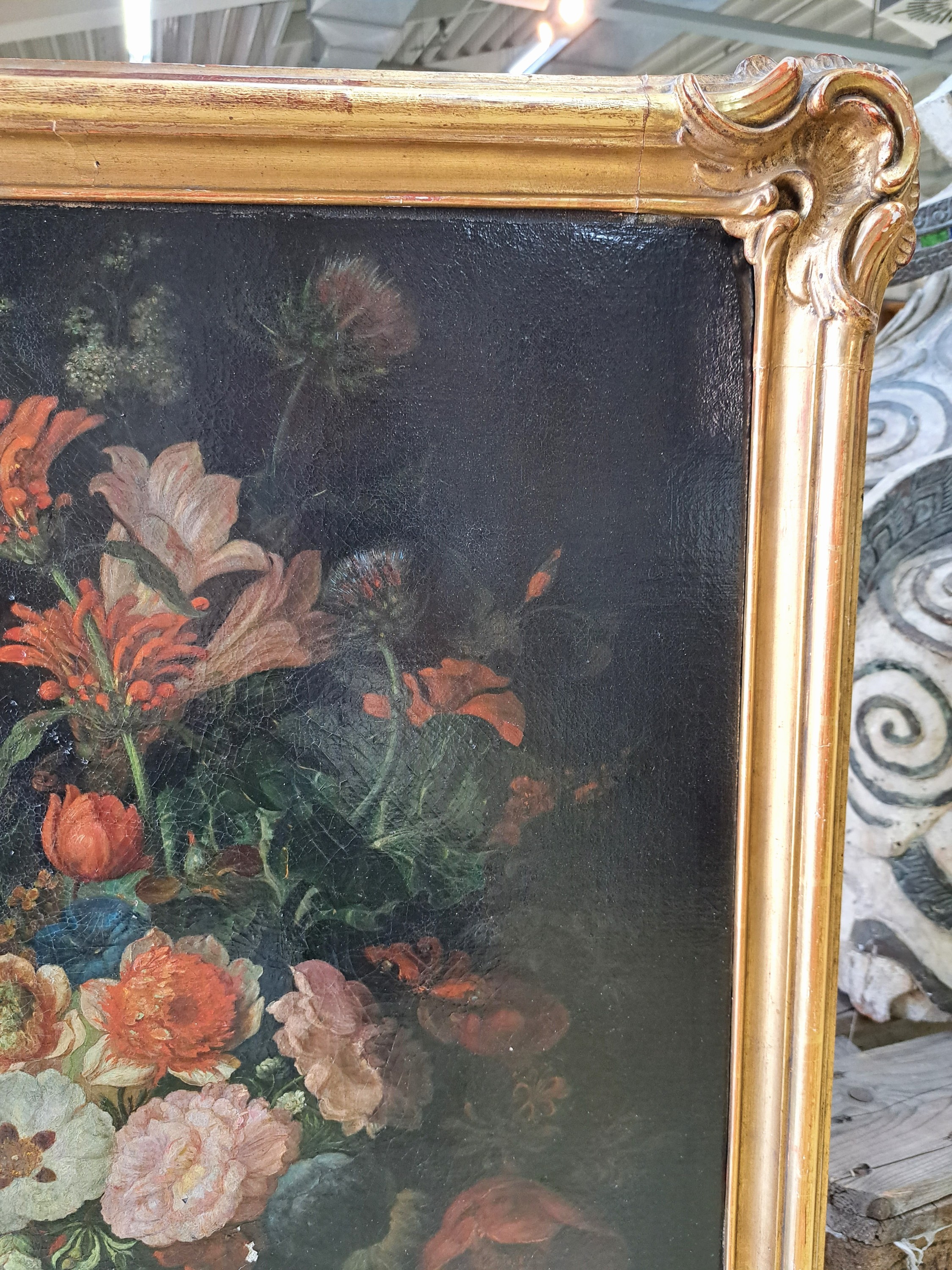 Detail h: Barocker Altmeister, 17./18. Jh., Blumenstück mit Schmetterling, feine lasierende Malerei, hohe Stofflichkeit, krakeliert, alt restauriert, ...