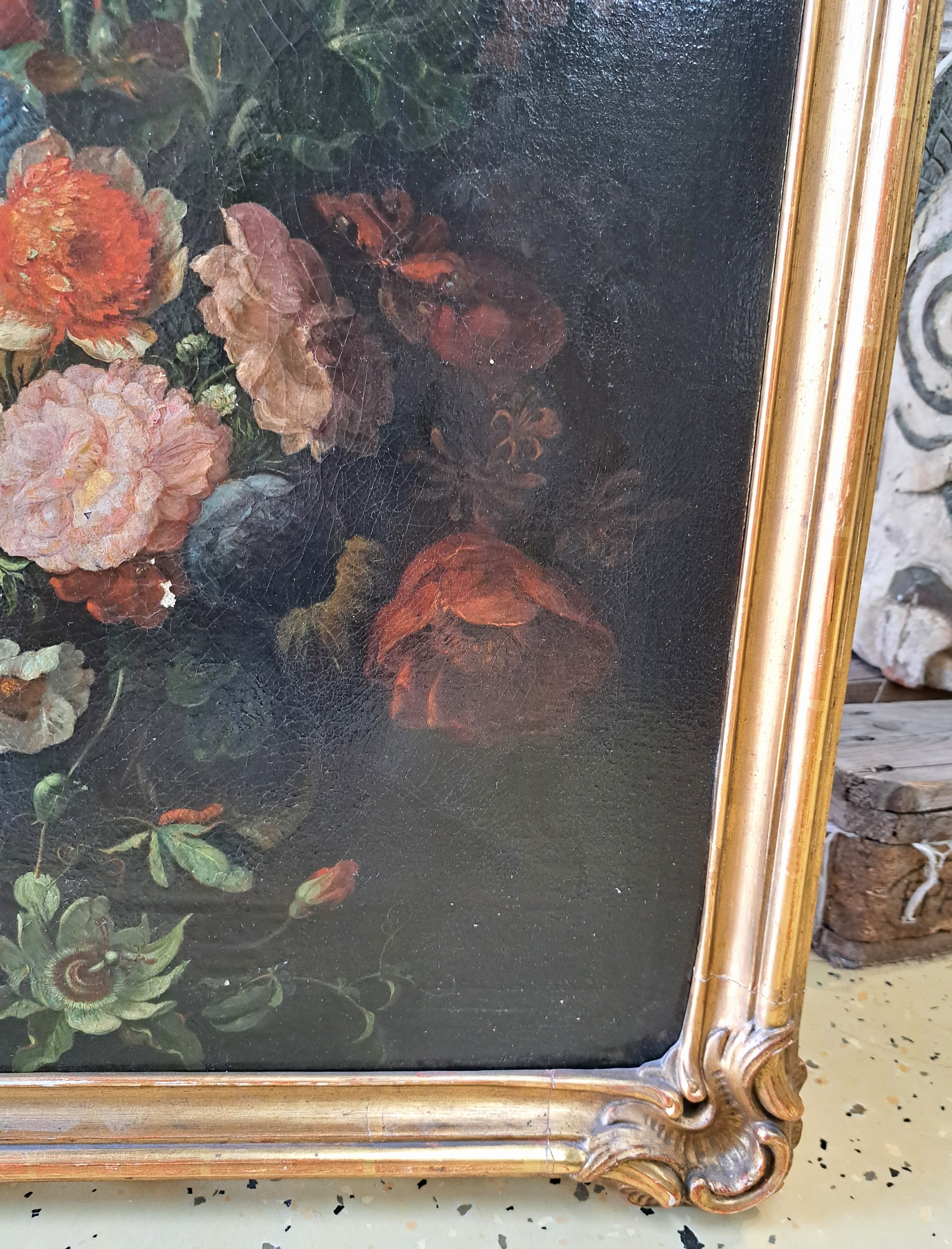 Detail i: Barocker Altmeister, 17./18. Jh., Blumenstück mit Schmetterling, feine lasierende Malerei, hohe Stofflichkeit, krakeliert, alt restauriert, ...