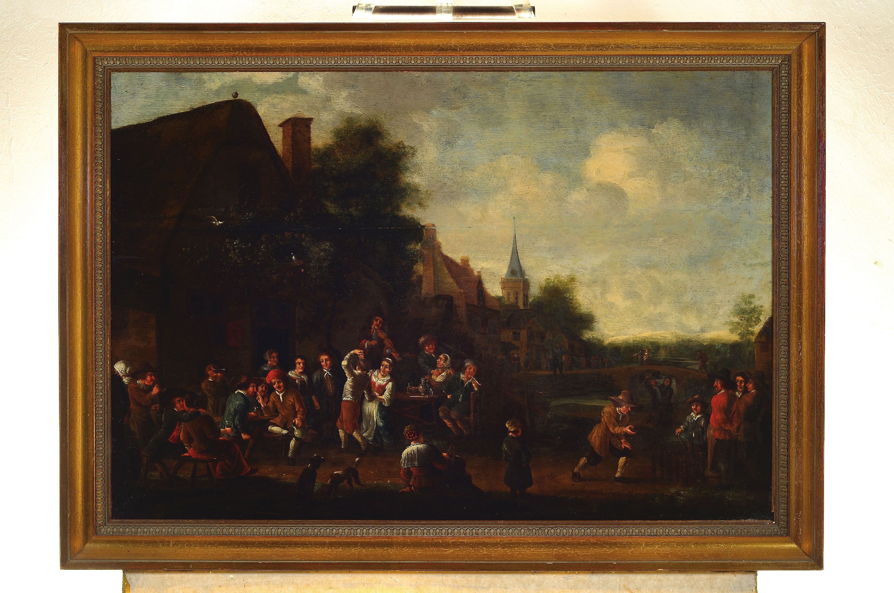 Detail k: Umkreis Erasmus I de Bie (1629 - 1675), Bauernfest, Öl/Holz, restauriert, parkettiert, vielfigurige Szene mit tanzenden und trinkenden Bauern, im ...