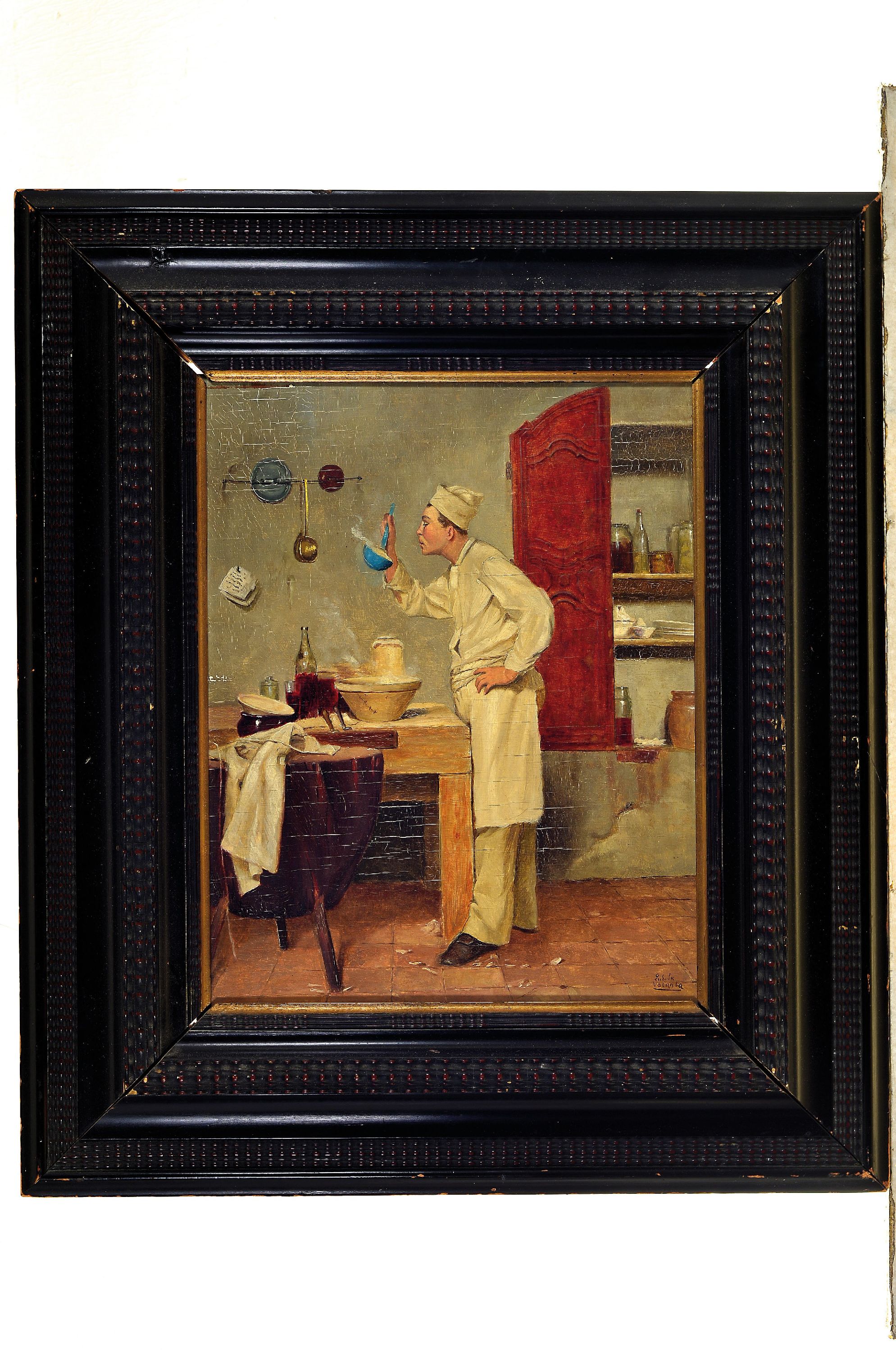 Detail k: Ludwig Valenta, 1882-1943 Wien, Koch beim Probieren der Suppe, Öl/Holz, rechts unten signiert, ca. 40x33cm, R. ca. 62x45cm