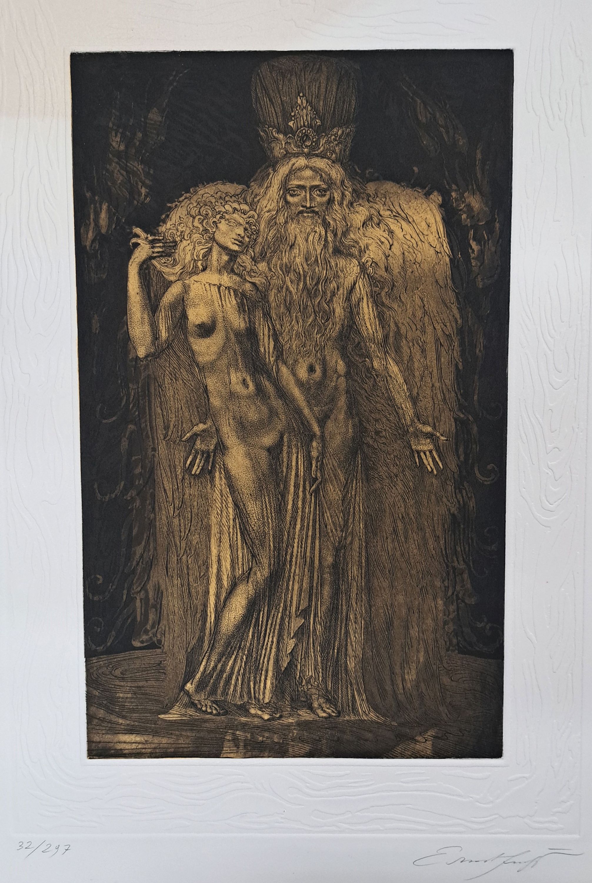 Detail a: Ernst Fuchs, 1930 Wien - 2015, zwei Radierungen, geprägtes Papier, a. Eva tritt aus der Seite Adam, num. 92/297 und Adam Kadmon, num. 158/297, beide ...
