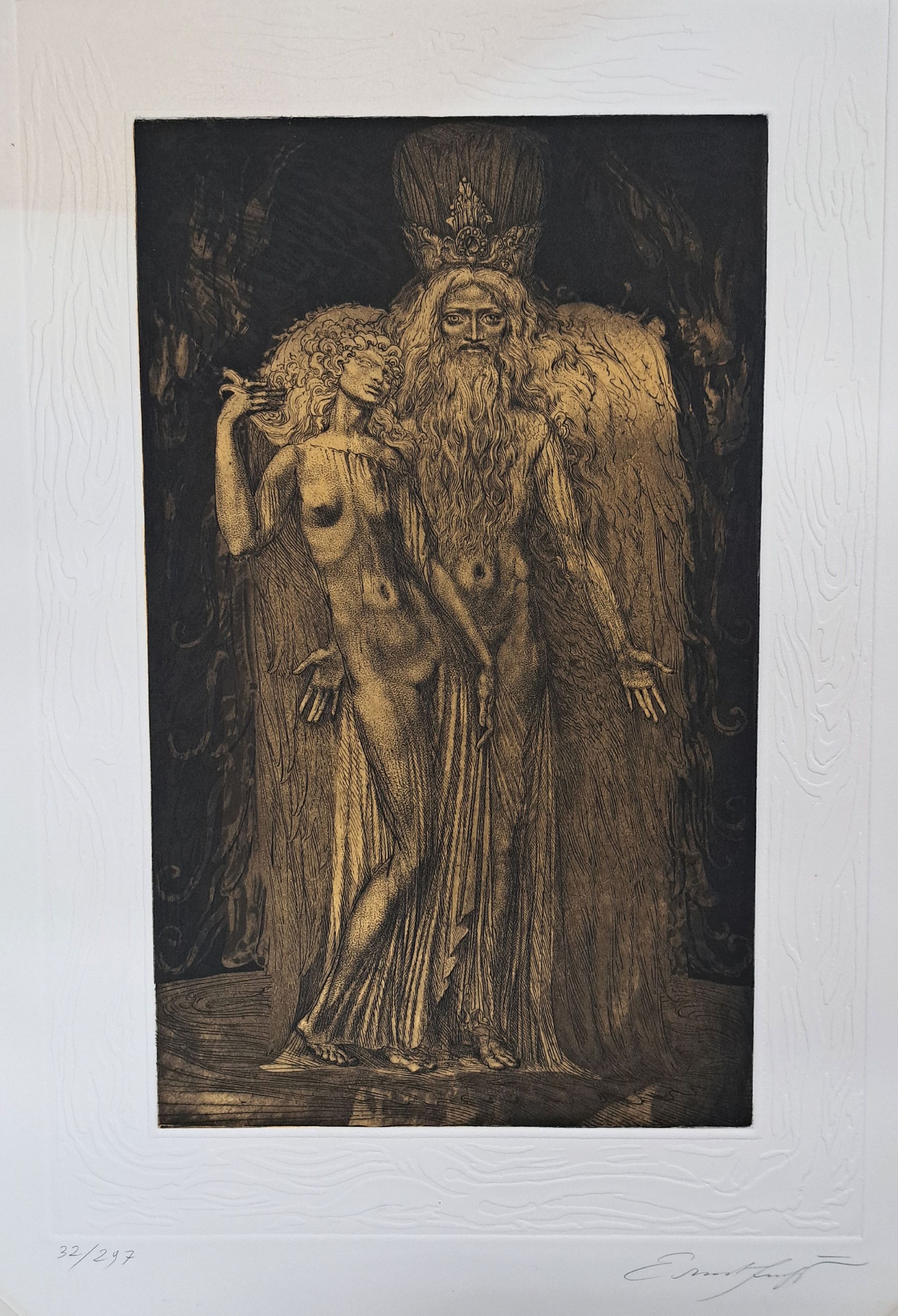 Detail l: Ernst Fuchs, 1930 Wien - 2015, zwei Radierungen, geprägtes Papier, a. Eva tritt aus der Seite Adam, num. 92/297 und Adam Kadmon, num. 158/297, beide ...