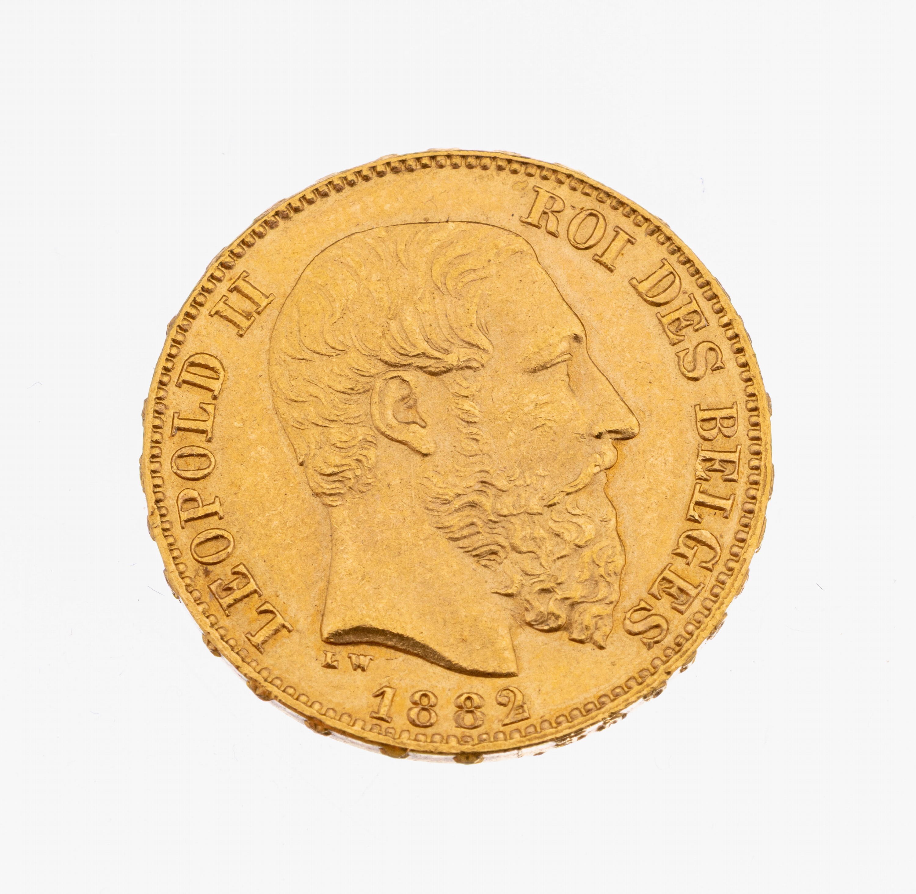 Goldmünze Belgien 20 Francs 1882, Leopold II, ROI DES BELGES, L´UNION FAIT LA FORCE, im Etui