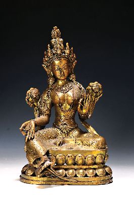 Image 26946524 - Sitzende Tara, Tibet, 20. Jh., Bronze, auf doppeltem Lotussockel sitzend, H.ca. 32 cm