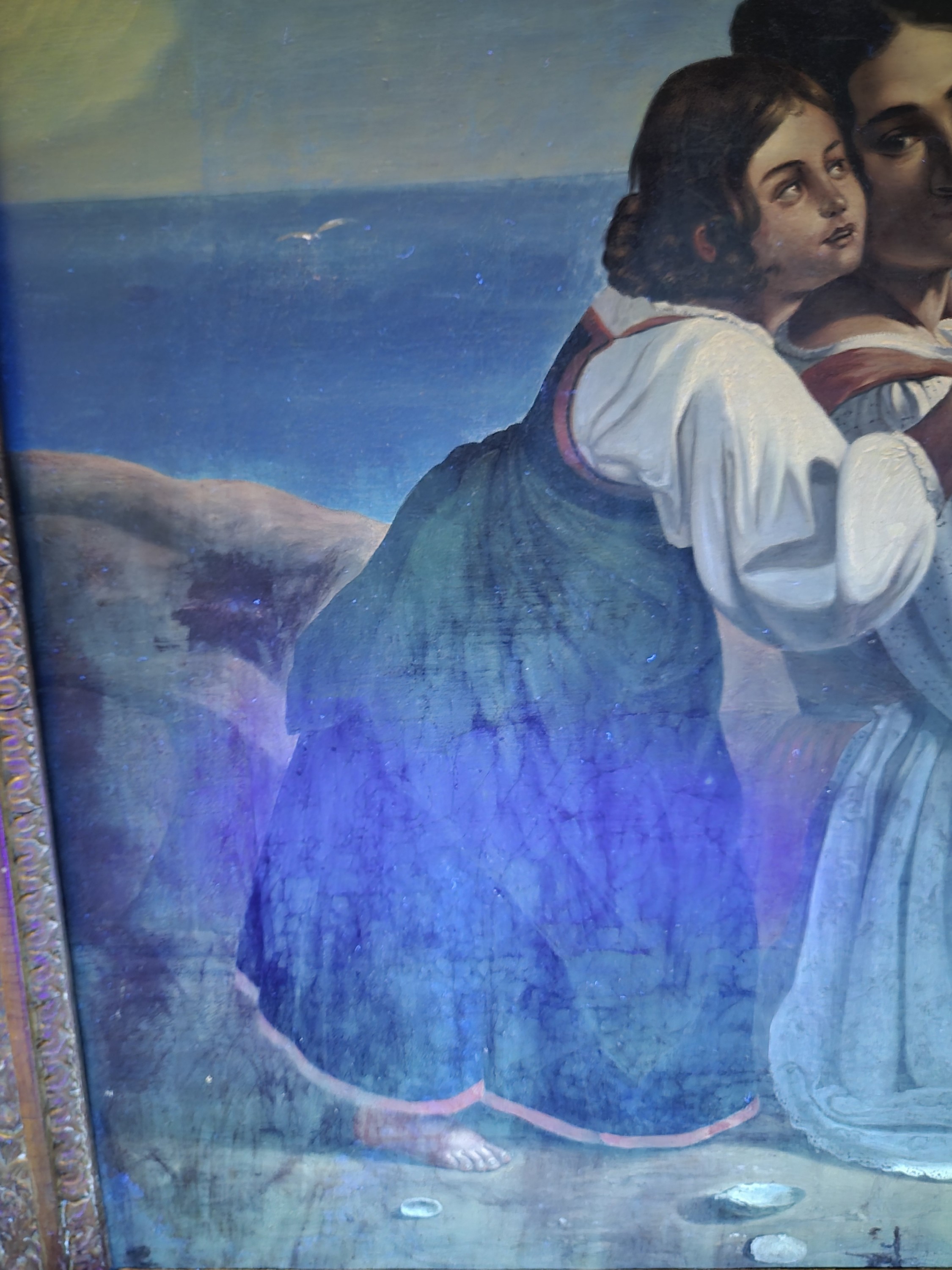 Detail c: Unbekannter Künstler, 2. Hälfte 19. Jh., Italienische Familie am Strand vom Golf von Neapel, im Hintergrund der rauchende Vesuv, Öl/Lwd, rest., ...