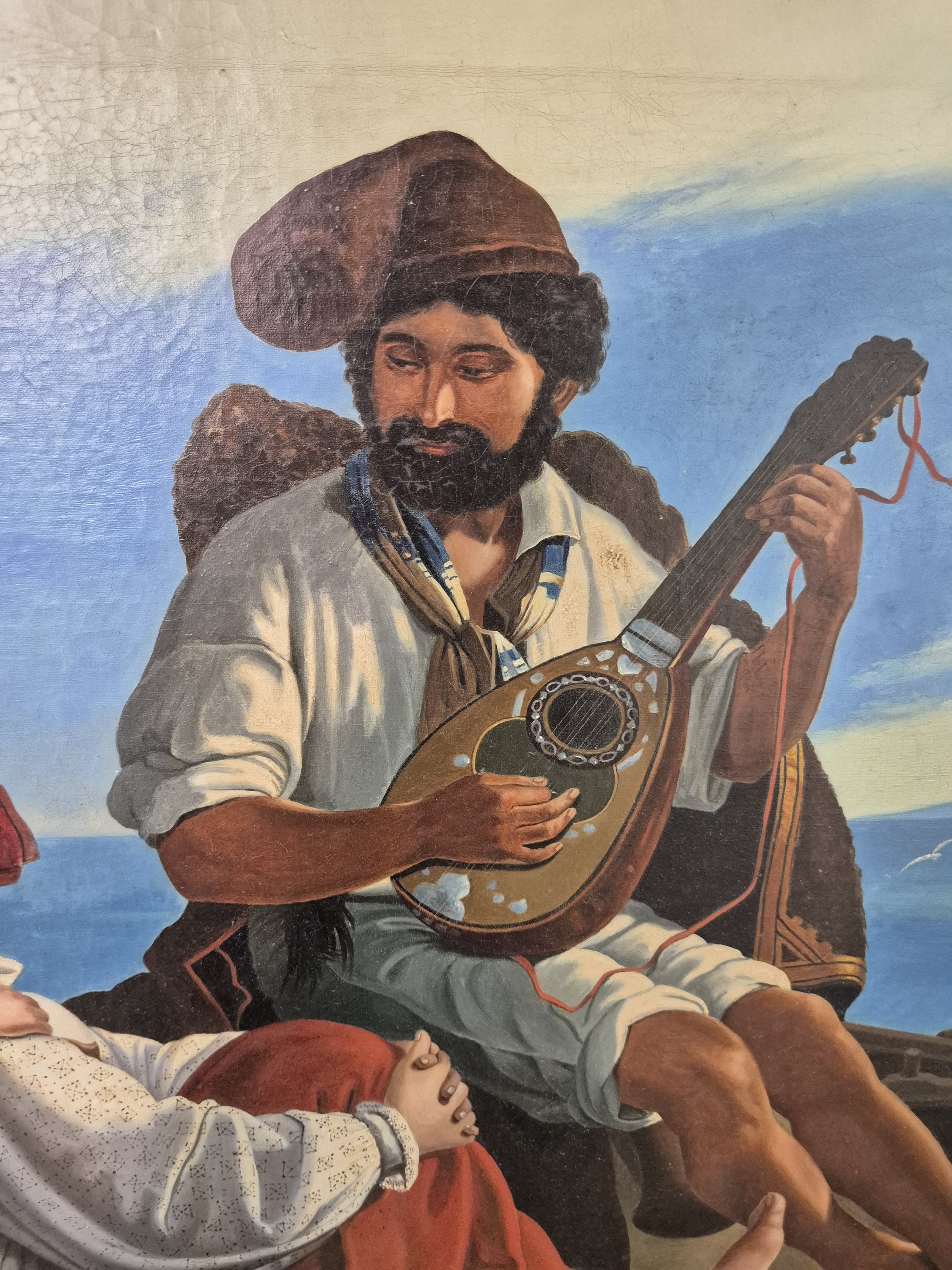 Detail e: Unbekannter Künstler, 2. Hälfte 19. Jh., Italienische Familie am Strand vom Golf von Neapel, im Hintergrund der rauchende Vesuv, Öl/Lwd, rest., ...