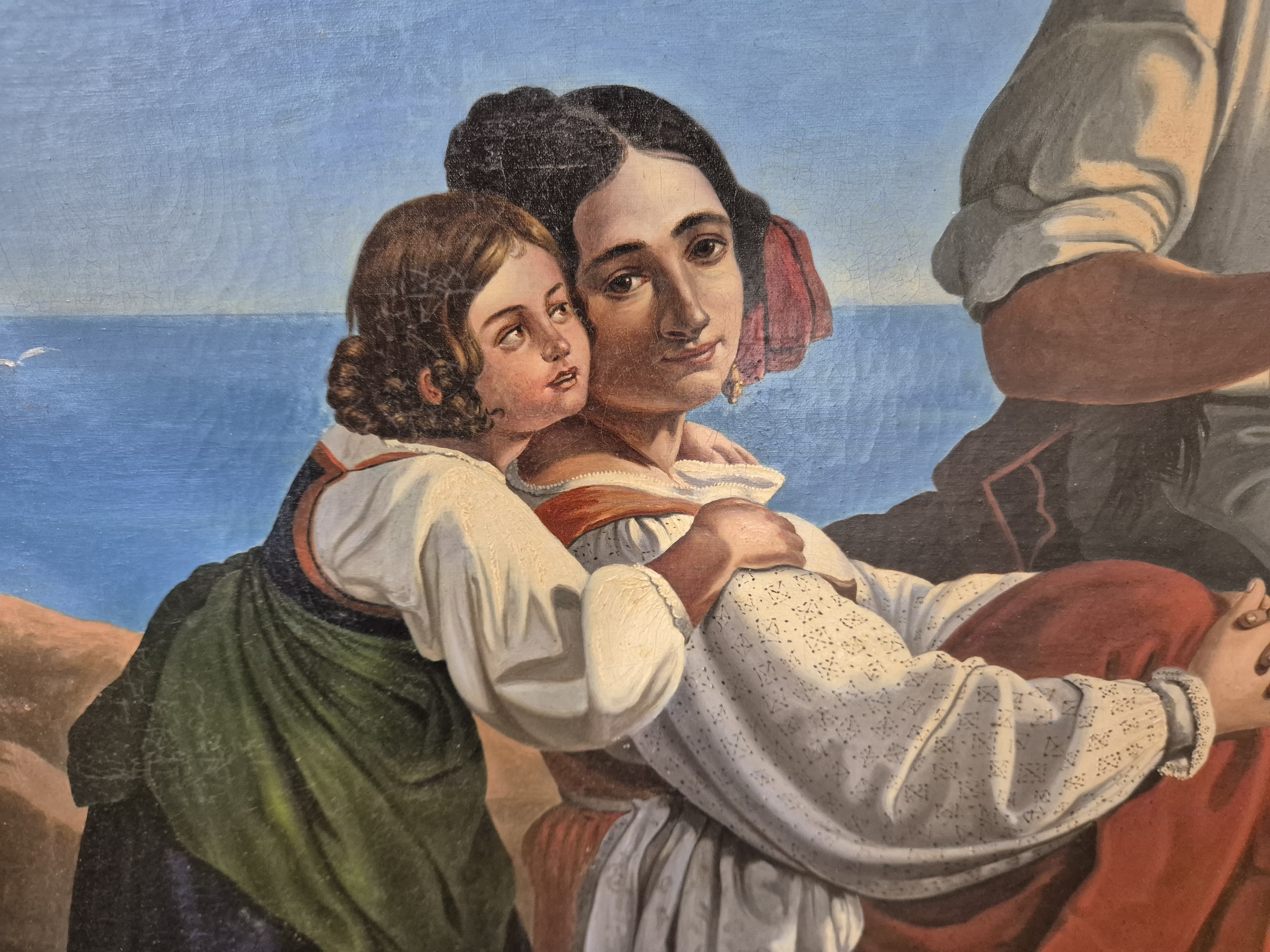 Detail f: Unbekannter Künstler, 2. Hälfte 19. Jh., Italienische Familie am Strand vom Golf von Neapel, im Hintergrund der rauchende Vesuv, Öl/Lwd, rest., ...