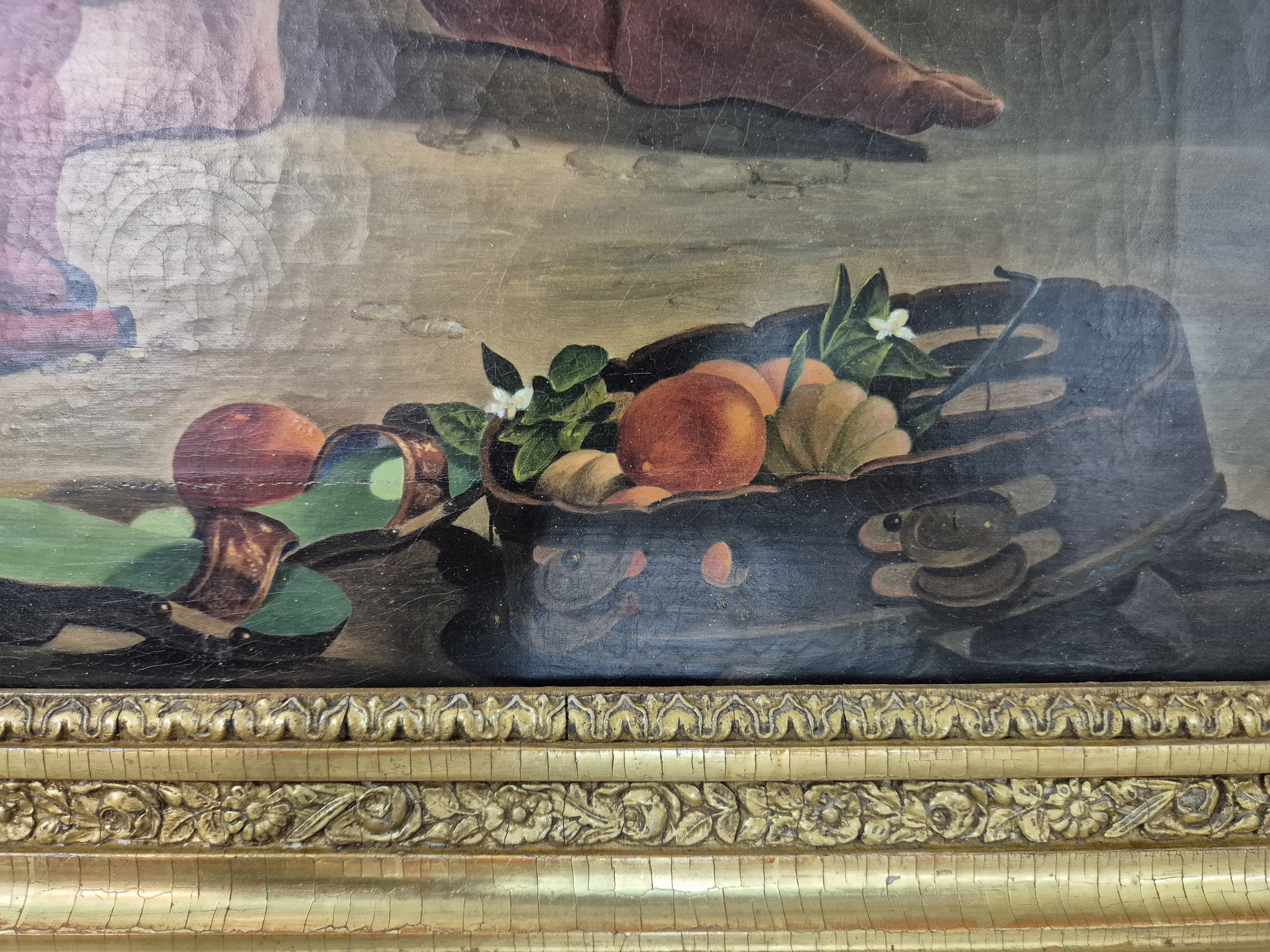 Detail g: Unbekannter Künstler, 2. Hälfte 19. Jh., Italienische Familie am Strand vom Golf von Neapel, im Hintergrund der rauchende Vesuv, Öl/Lwd, rest., ...