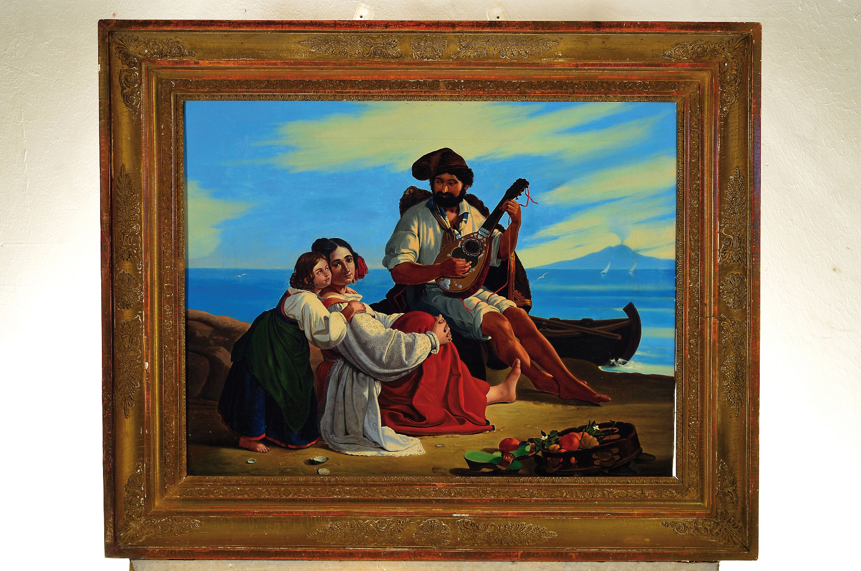 Detail k: Unbekannter Künstler, 2. Hälfte 19. Jh., Italienische Familie am Strand vom Golf von Neapel, im Hintergrund der rauchende Vesuv, Öl/Lwd, rest., ...
