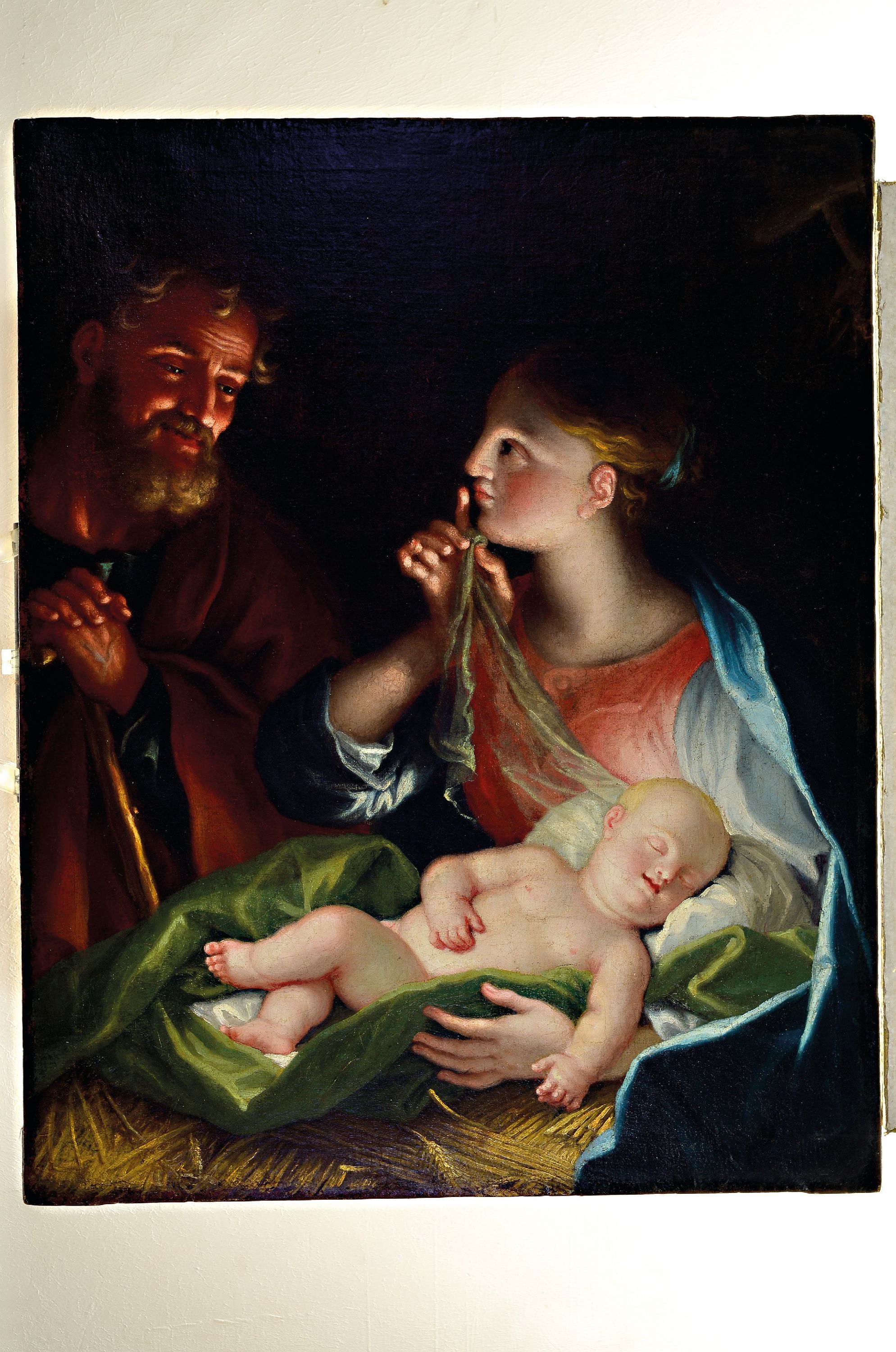 Detail k: Unbekannter Künstler, 1. Hälfte 19. Jh., Maria und Josef mit dem Christuskind im Stall, Öl/Lwd, rest., ca. 88x70cm