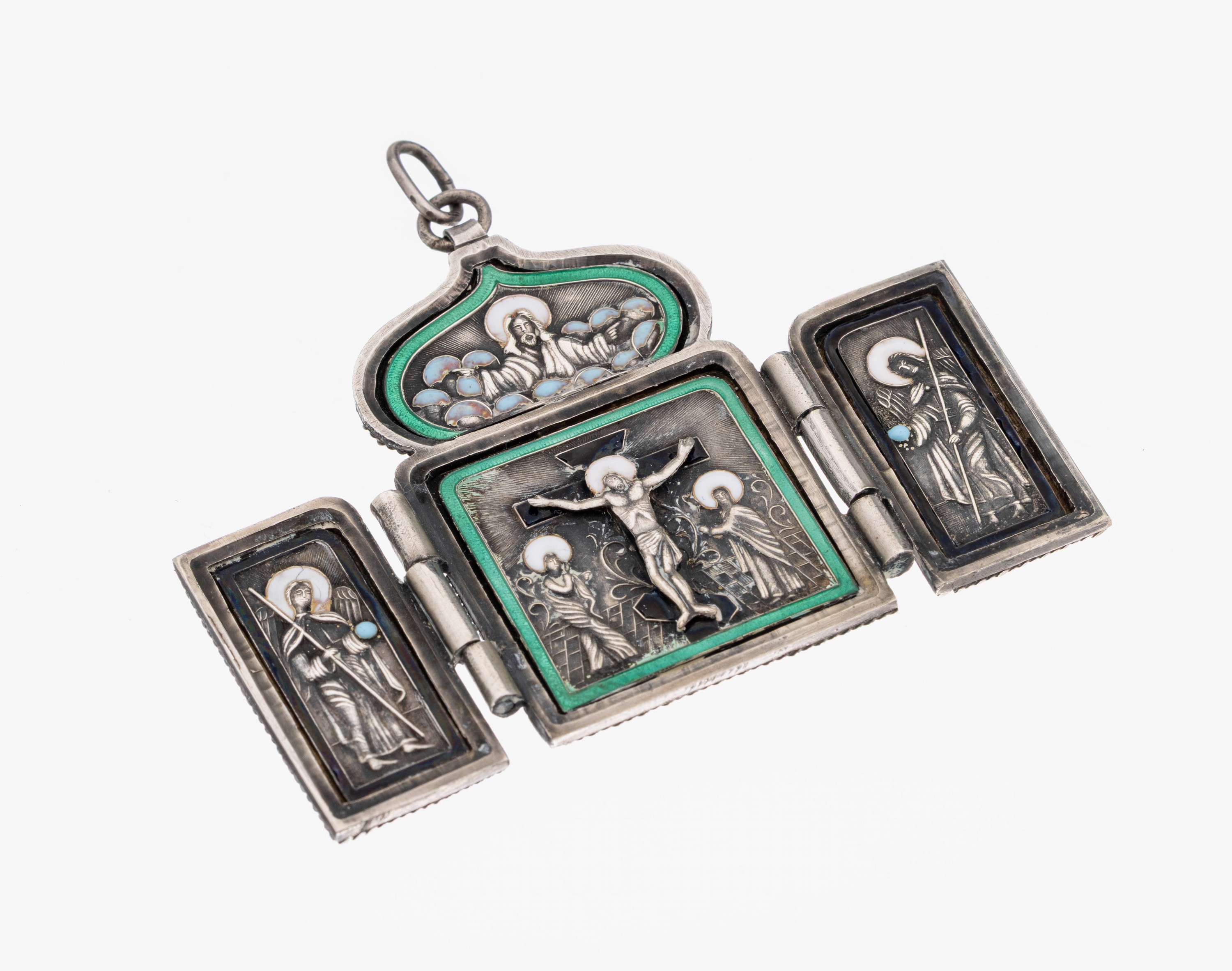 Anhänger mit Email, Russland um 1900, 875erSilber, Darstellung eines Triptychon, aufklappbar, innen Mitteltafel mit DarstellungJesus Christus am ...