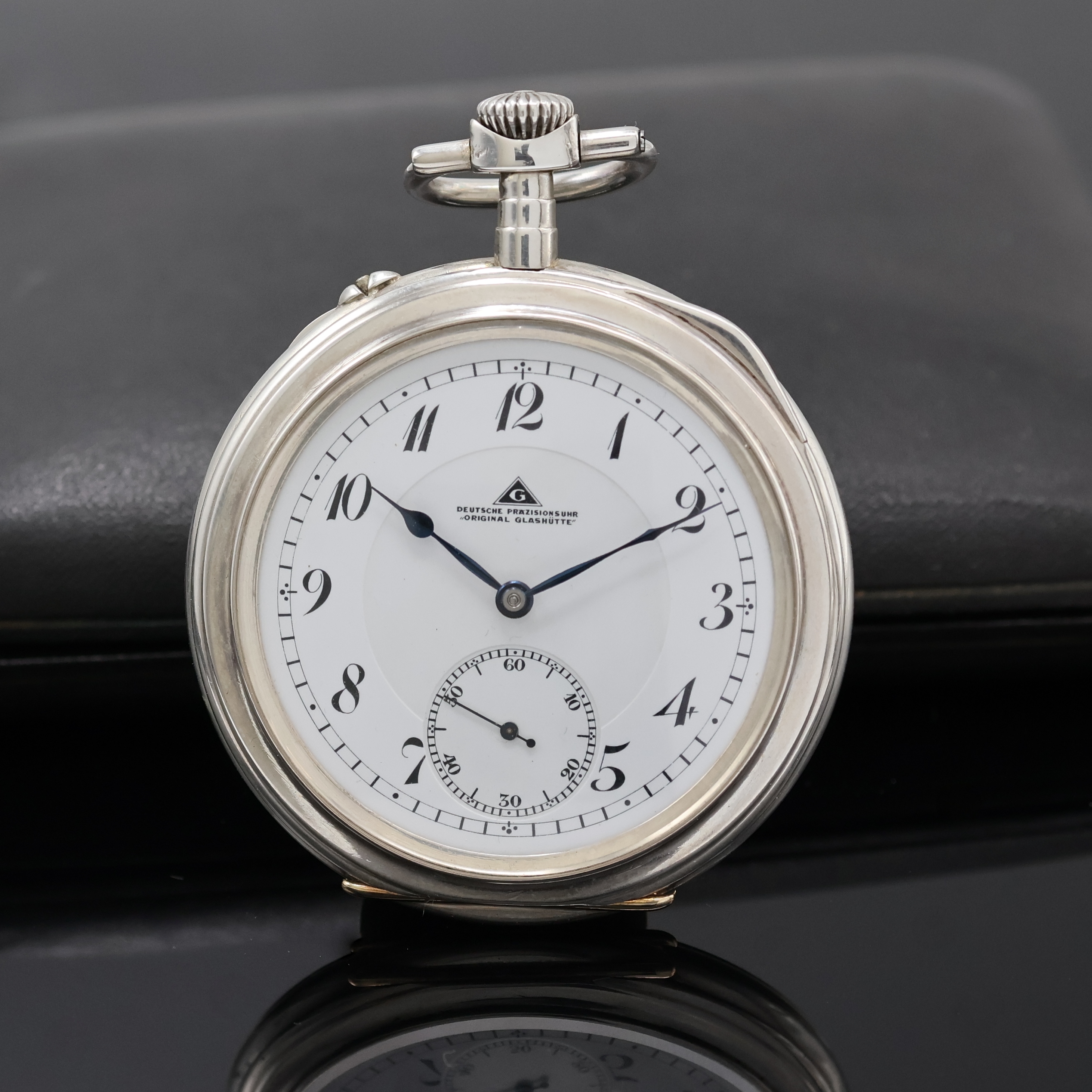 DEUTSCHE PRÄZISIONSUHRENFABRIK GLASHÜTTE SA offene Taschenuhr in Silber mit original Etui, Deutschland um 1900, glattes Geh., Goldscharniere, ...