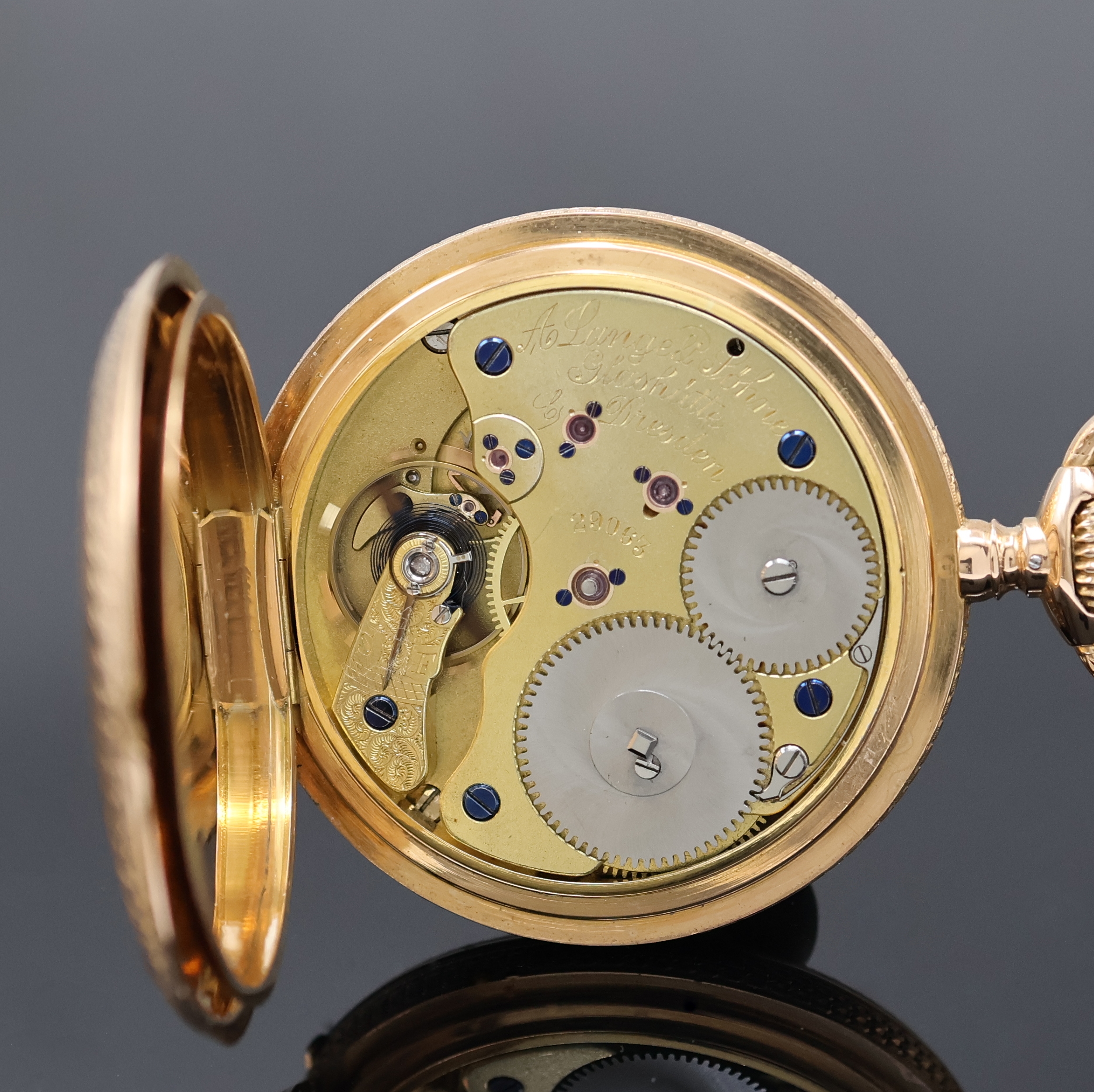 Detail g: A. LANGE & SÖHNE 1A-Herrensavonette in GG 750/000, Deutschland um 1890, reich verziertes u. graviertes 3-Deckel Goldgeh., Sprung- u. Rückdeckel ...