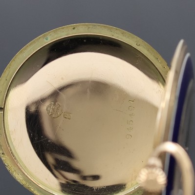 26946704b - Emaillierte Taschenuhr in GG 585/000, Schweiz um 1925, Geh. sowie Rückdeckel ...