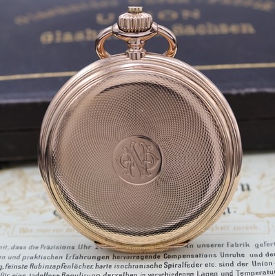 26946709a - UHRENFABRIK UNION GLASHÜTTE Herrensavonette in RoseG 585/000, Deutschland um 1902, ...