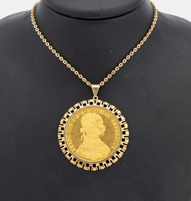 Image 14 kt Gold Münz-Anhänger, GG 585/000, gefasste Goldmünze, 4 Kronen, ...