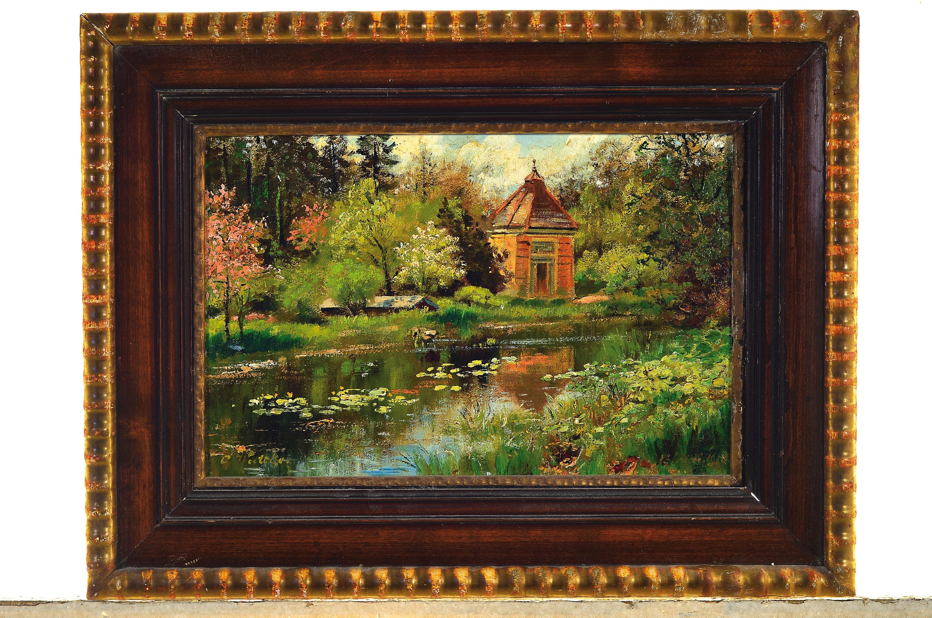Detail k: Carl Wuttke, 1849 Trebnitz/Schlesien-1927 München, kleiner Pavillon am Wasser, Öl/Holz, links unten signiert, rechts unten datiert 1918, ca. ...