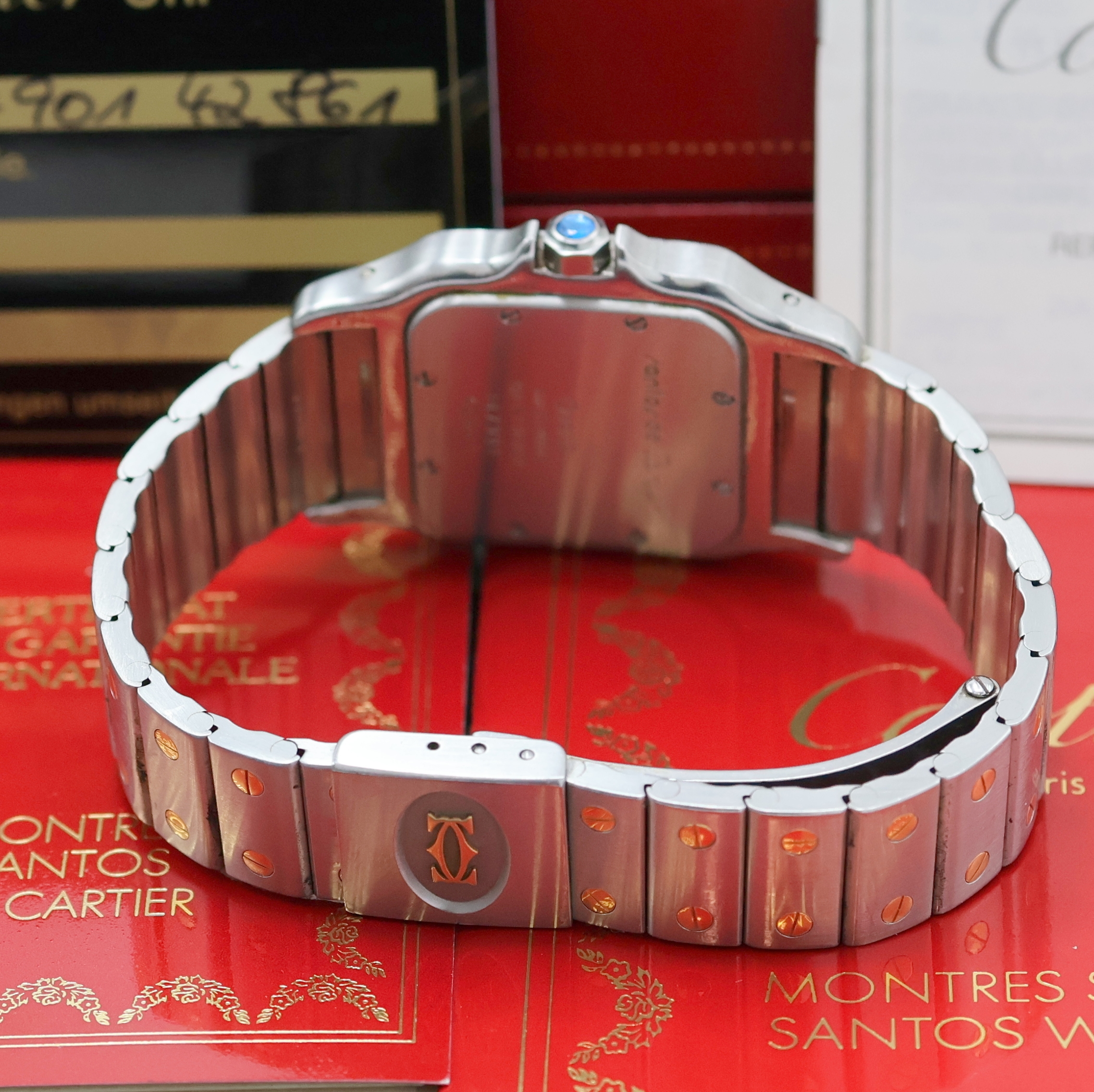 Detail b: CARTIER Armbanduhr Santos Galbee Referenz 187901, Schweiz um 1995, quarz, Edelstahl/Gold kombiniert inkl. Gliederband m. Faltschl., Schmuckkrone, ...