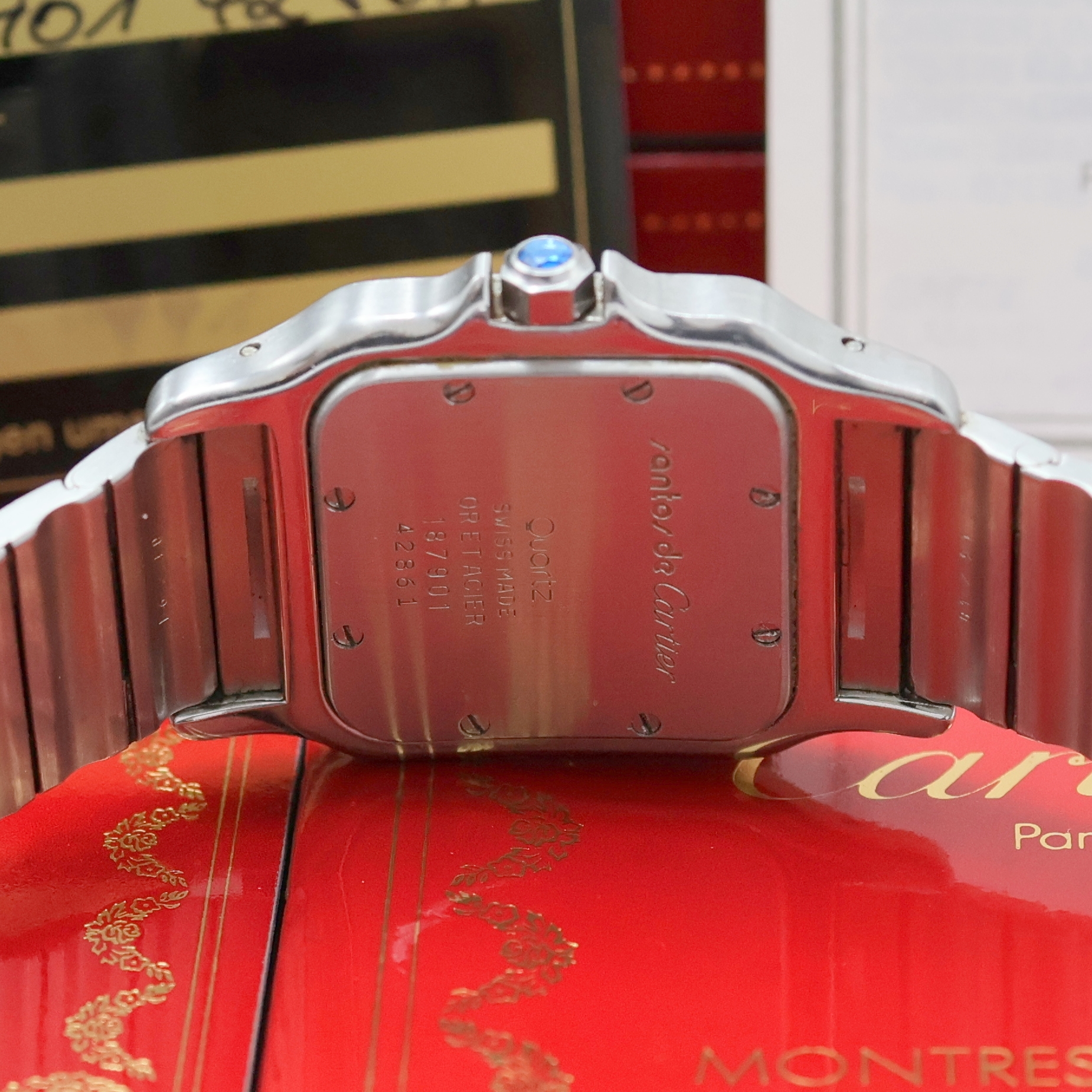 Detail d: CARTIER Armbanduhr Santos Galbee Referenz 187901, Schweiz um 1995, quarz, Edelstahl/Gold kombiniert inkl. Gliederband m. Faltschl., Schmuckkrone, ...
