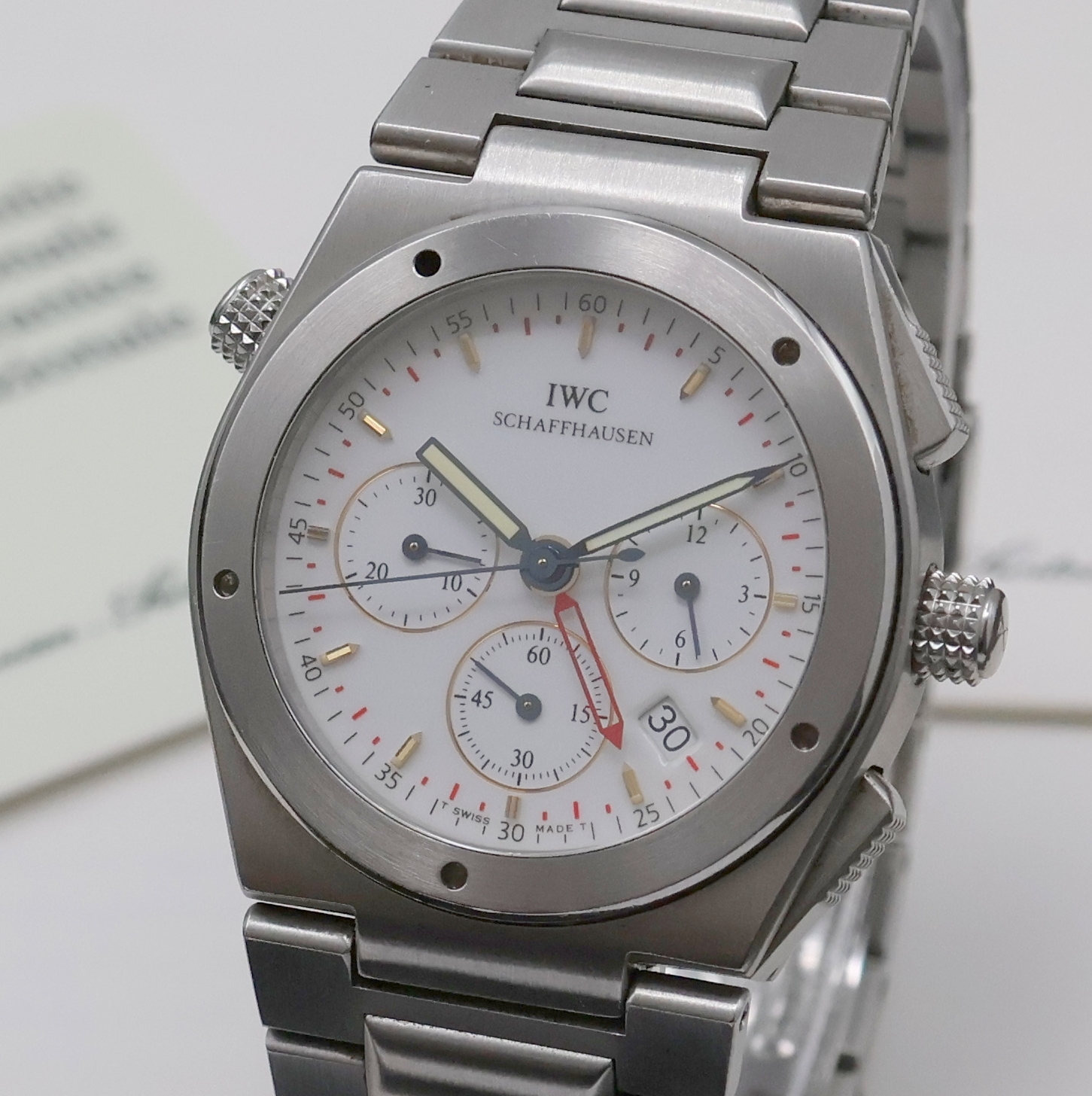 Detail a: IWC Armbandchronograph mit Weckfunktion Serie Ingenieur Referenz 3805, Schweiz um 1995, quarz, Edelstahlgeh., Boden u. Krone verschr., orig. ...