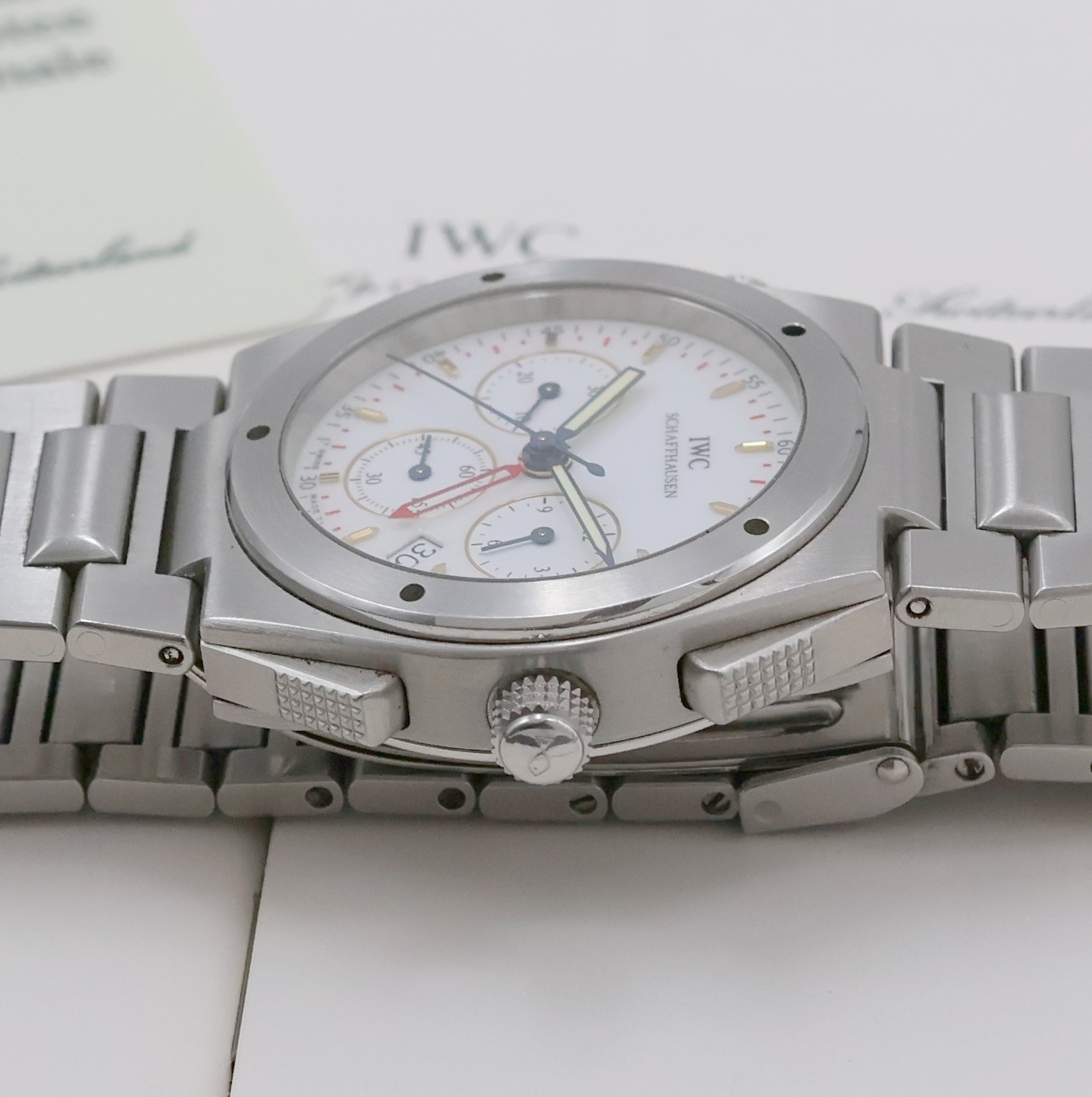 Detail c: IWC Armbandchronograph mit Weckfunktion Serie Ingenieur Referenz 3805, Schweiz um 1995, quarz, Edelstahlgeh., Boden u. Krone verschr., orig. ...
