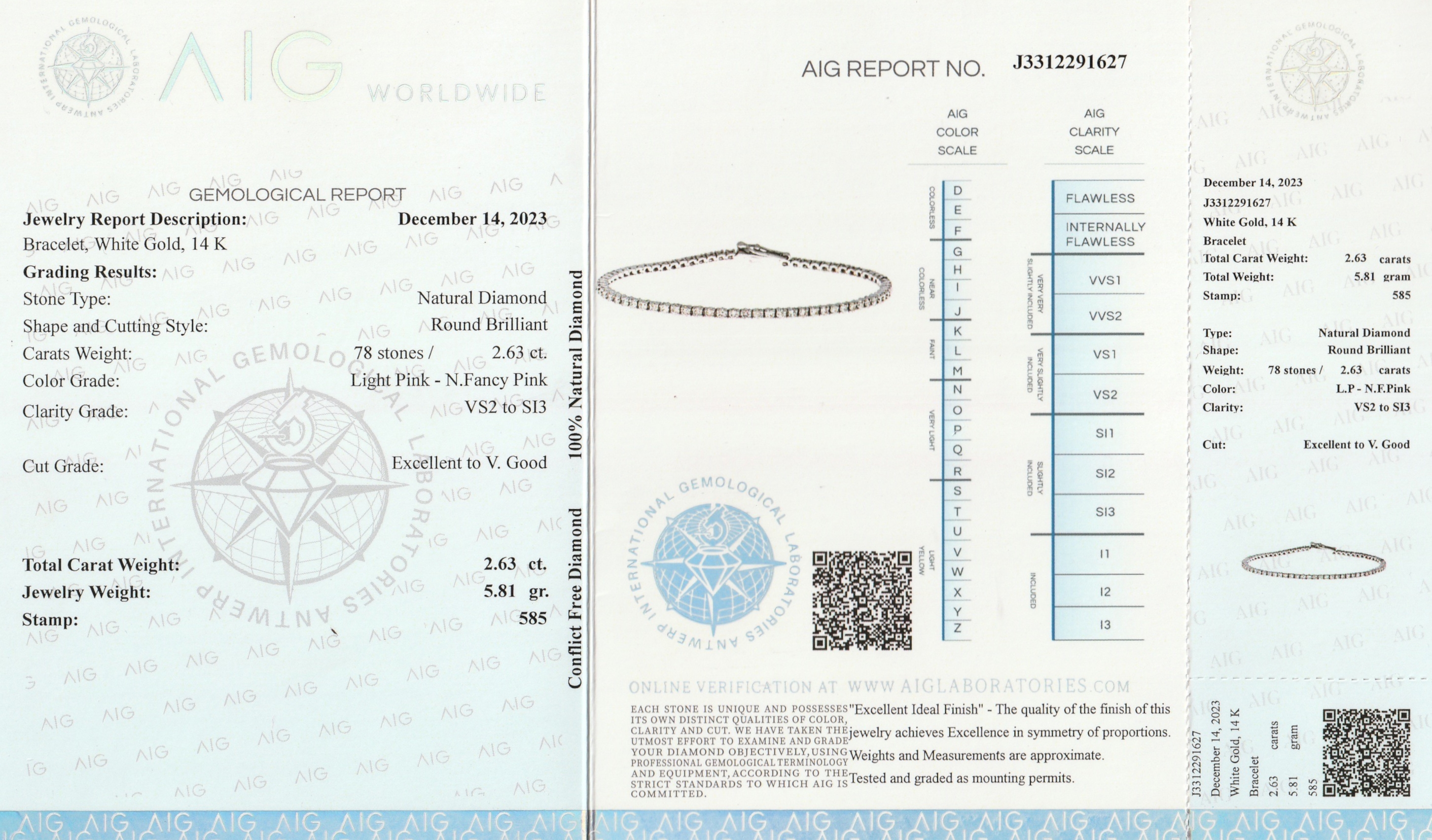Detail a: 14 kt Gold Brillant-Armband, WG 585/000, 78Brillanten zus. ca. 2.63 ct Light Pink- Natural Fancy Pink/vs2-si3, laut AIG- Expertise, L. ca. 17.9 cm, ...