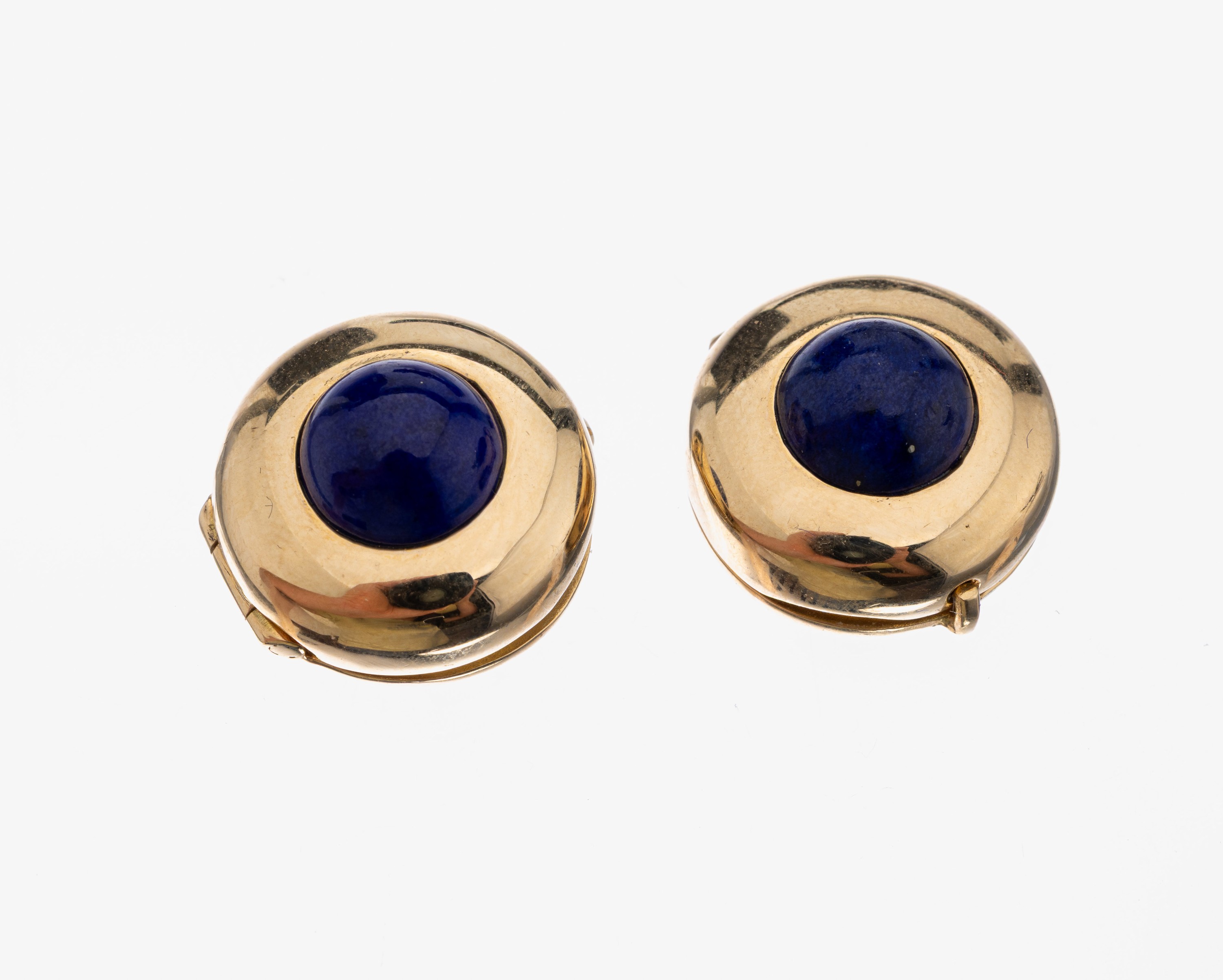 Set 2 14 kt Gold Lapislazuli- Knopfverzierungen, GG 585/000, schlicht, mit Lapislazuli-Halbkugeln, ca. 8.9 g, Meistermarke unged.