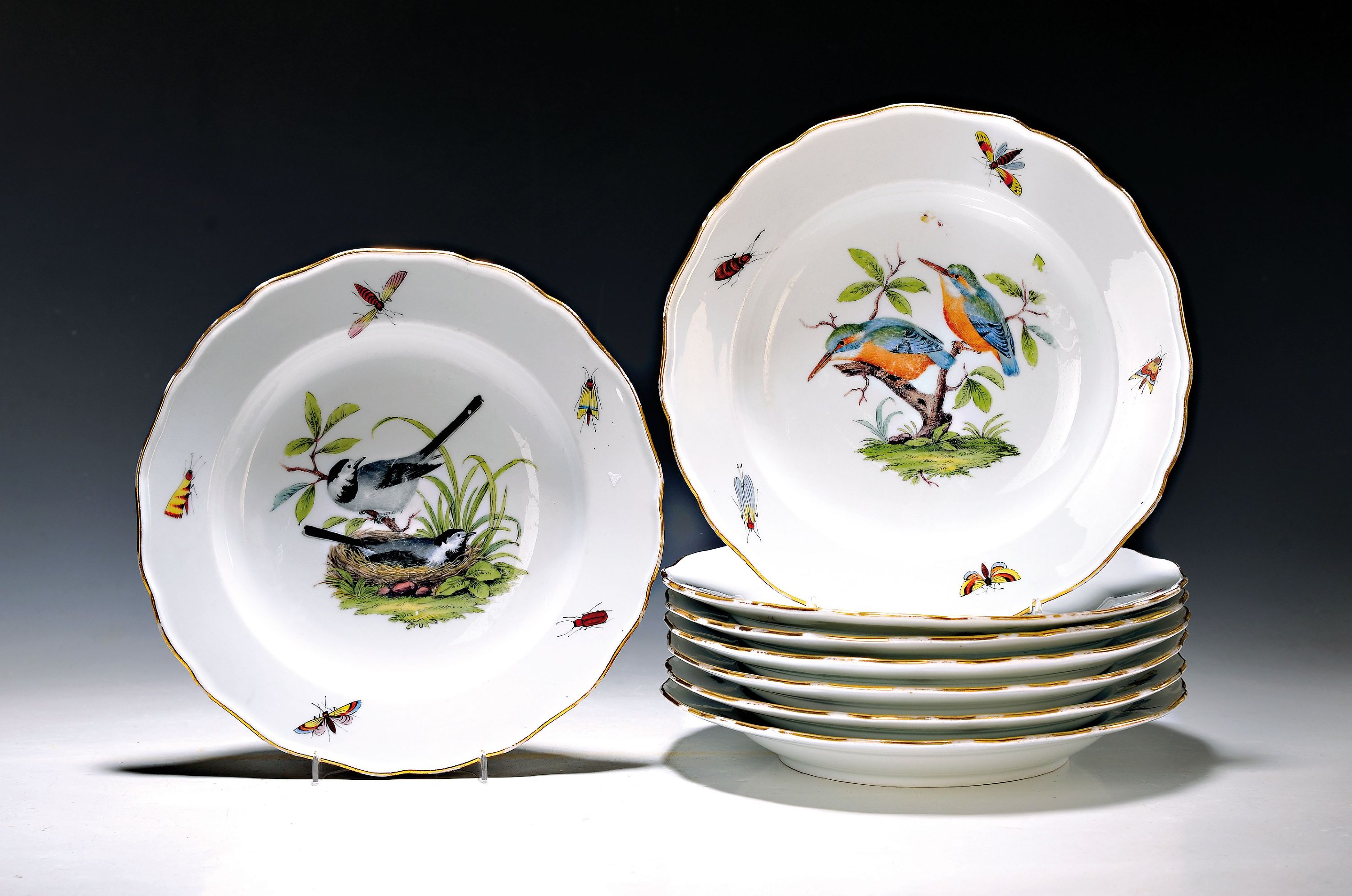 Acht Teller mit Vogeldekor, Meissen, um 1890, polychrome Bemalung, verschiedene Vogelpaare, vor allem Singvögel, 1x Kolibris, 1x Vogel mit Nest, ...