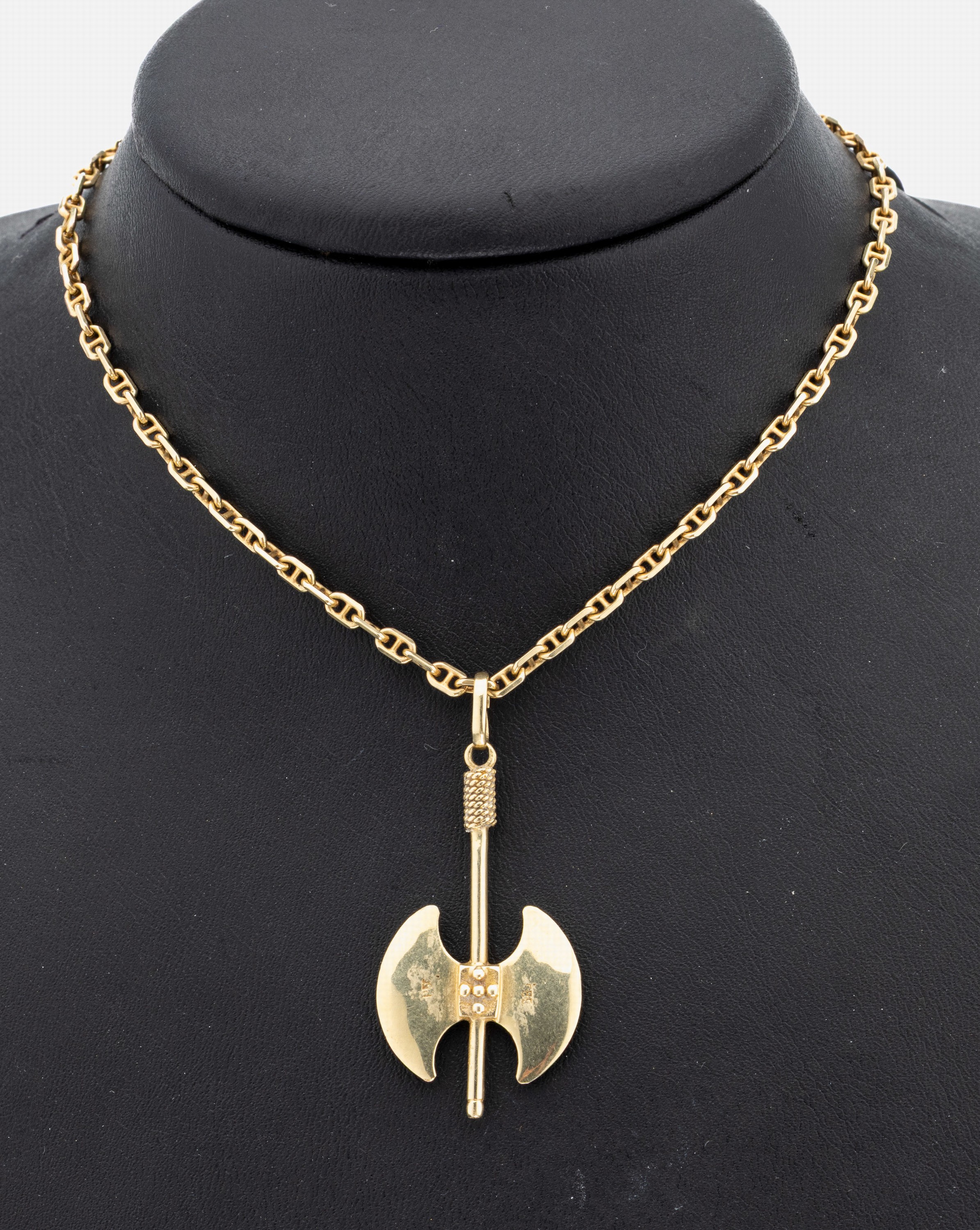 14 kt Gold Anhänger, GG 585/000, Darstellung einer Labrys, sogn. Doppelaxt aus der minoischen Kultur, L. ca. 4 cm, an Kette, GG 585/000, L. ca. 58 ...