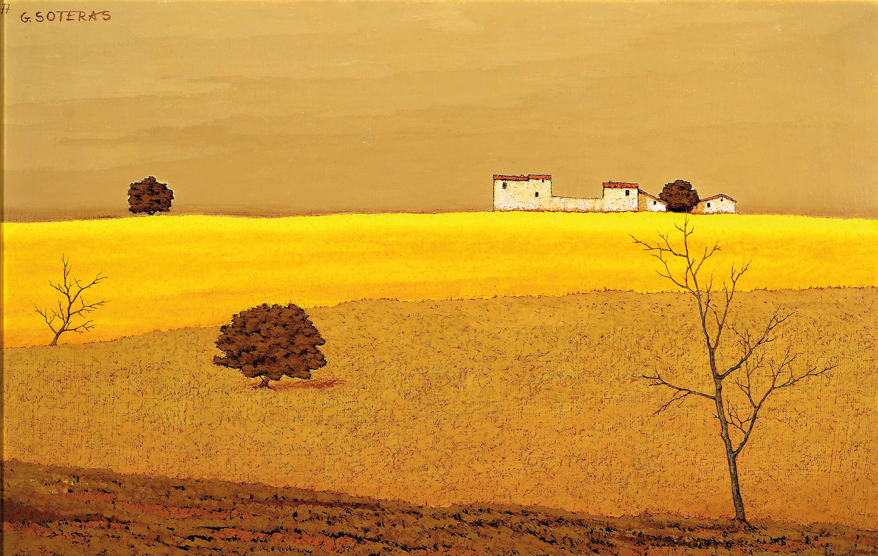 Georg Soteras, 1917 - 1990, franz. Maler, Sommerlandschaft mit Rapsfeld und Landhaus, Öl/Lwd, li. o. signiert, 60 x 92 cm, Rahmen dat. 77