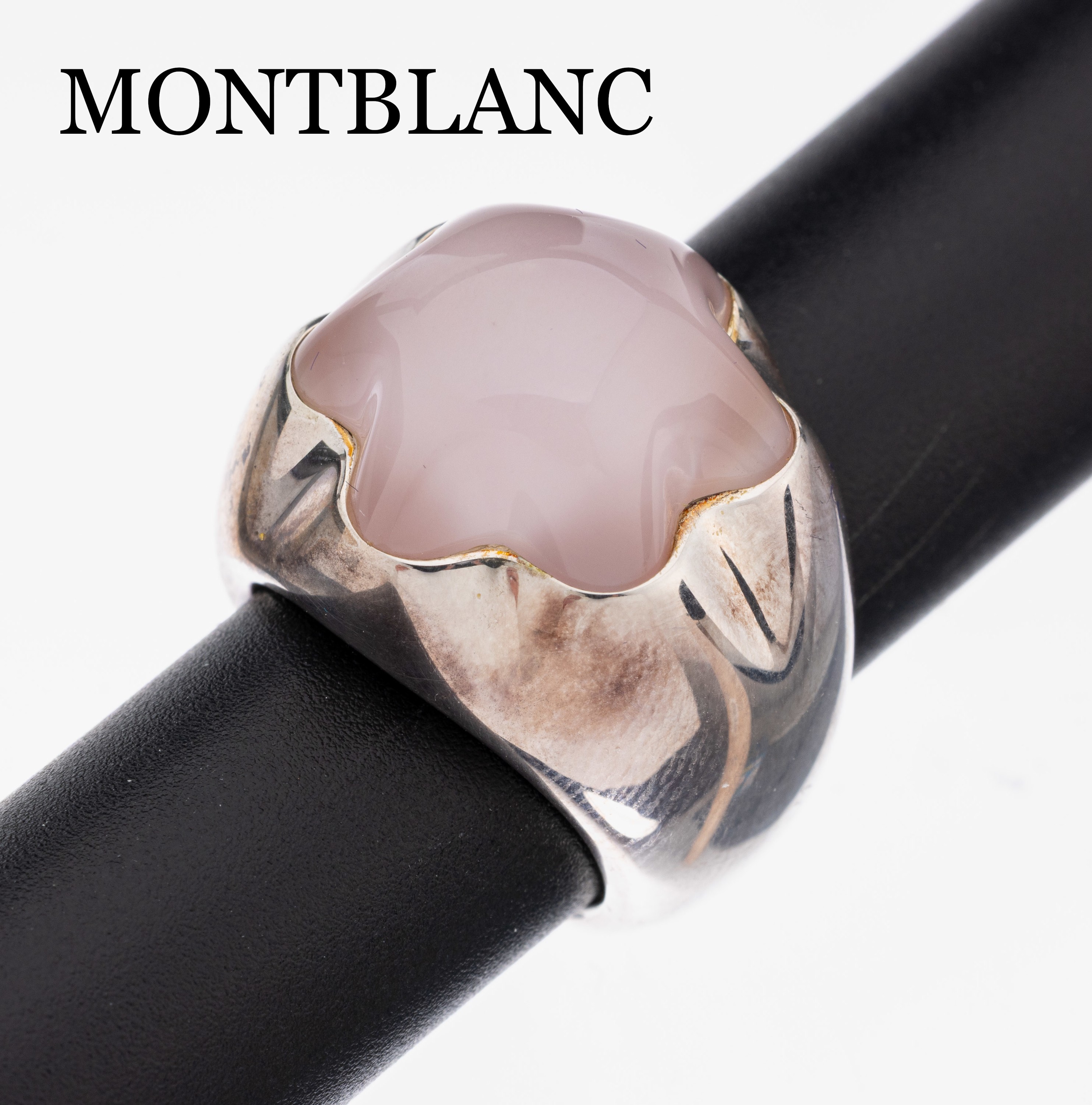 MONTBLANC Rosenquarz-Ring, 925er Silber, schwere Verarbeitung, Rosenquarz-Cabochon, RW 52, sign., mit orig. Etui