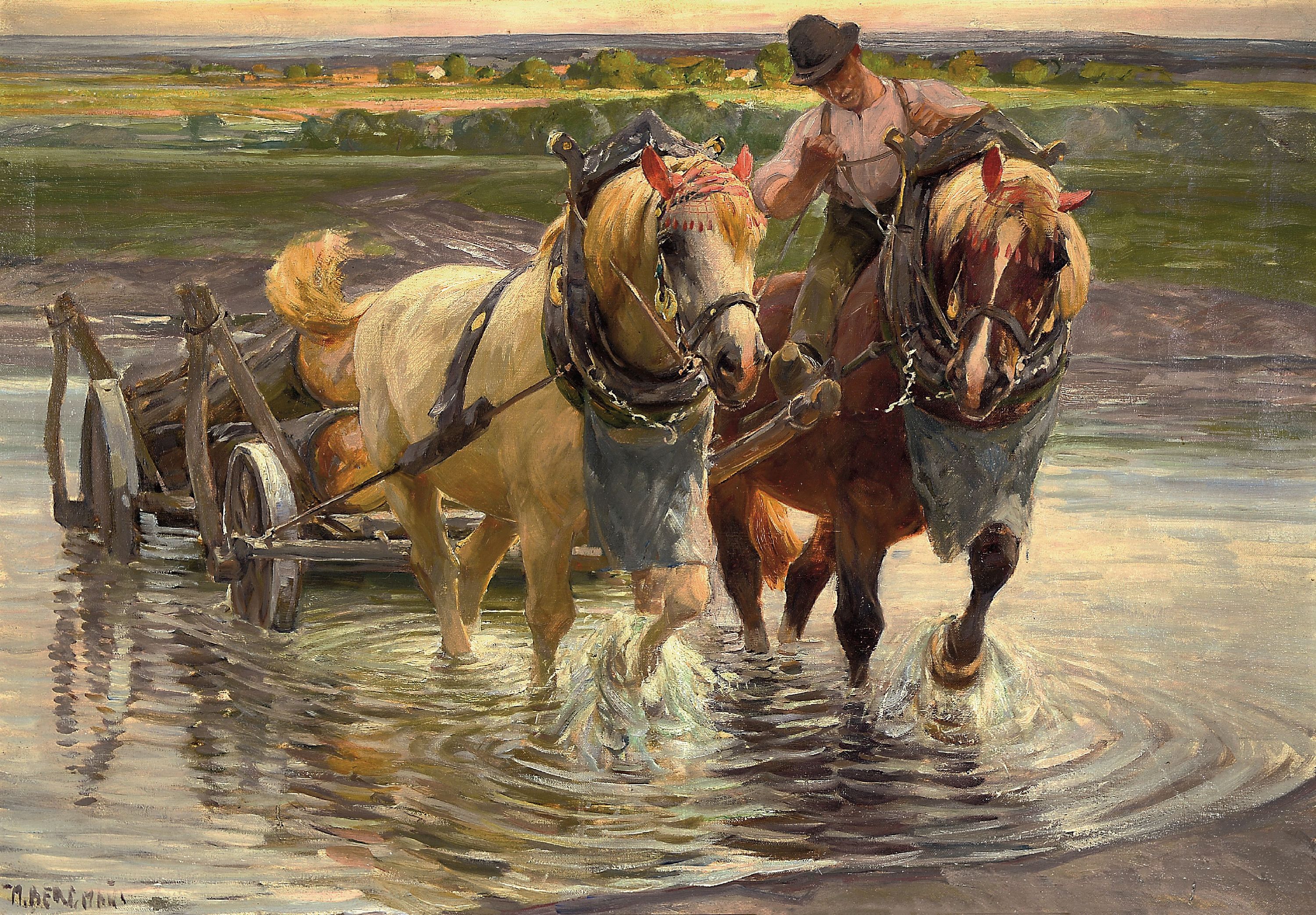Max Bergmann, 1884 - 1955, Bauer mit Pferdefuhrwerk mit Langholz, beim Durchqueren einer Furt, Öl/Lwd, li. unten signiert, ca. 70 x 100 cm, Rahmen ...