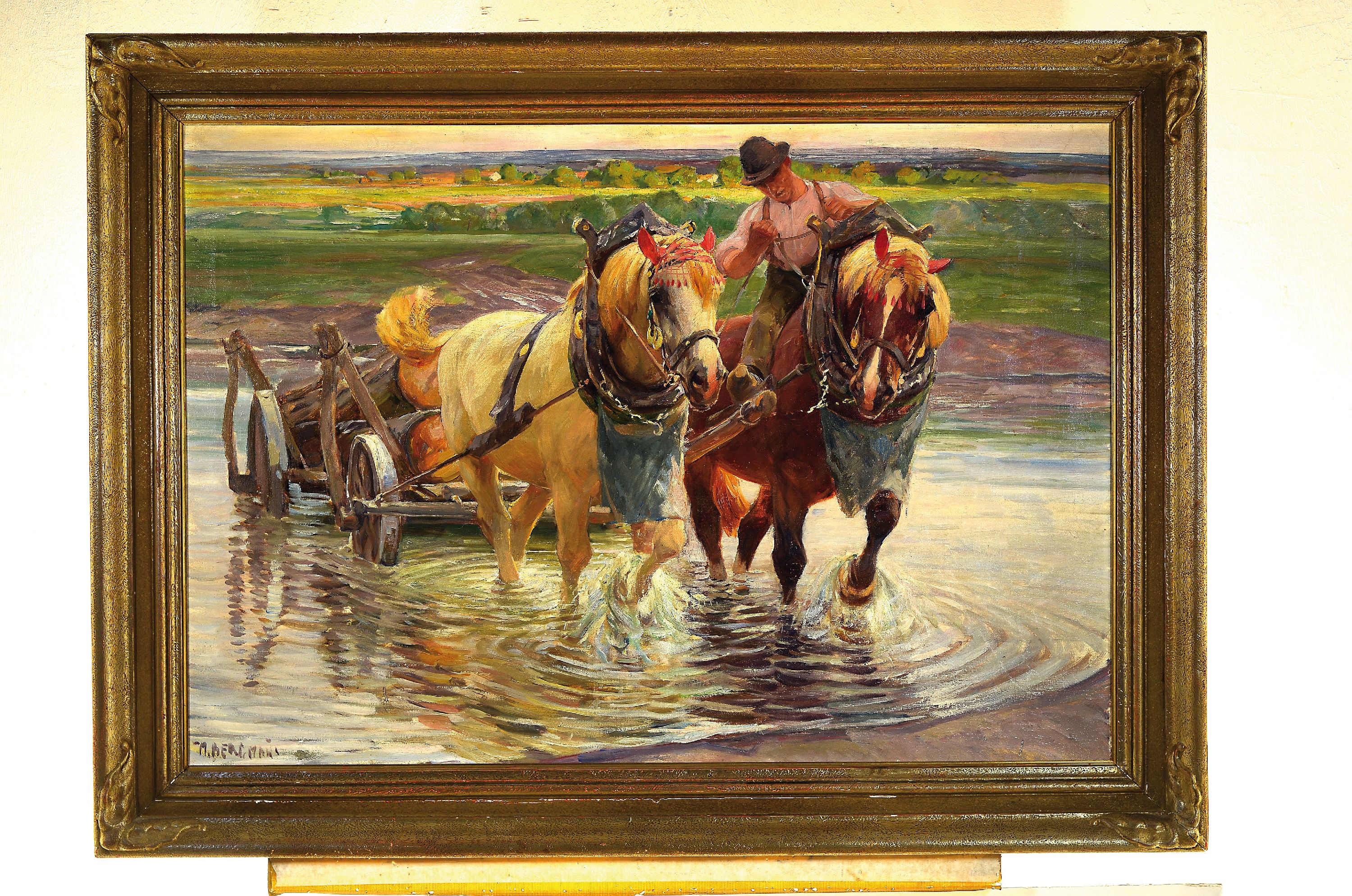 Detail k: Max Bergmann, 1884 - 1955, Bauer mit Pferdefuhrwerk mit Langholz, beim Durchqueren einer Furt, Öl/Lwd, li. unten signiert, ca. 70 x 100 cm, Rahmen ...