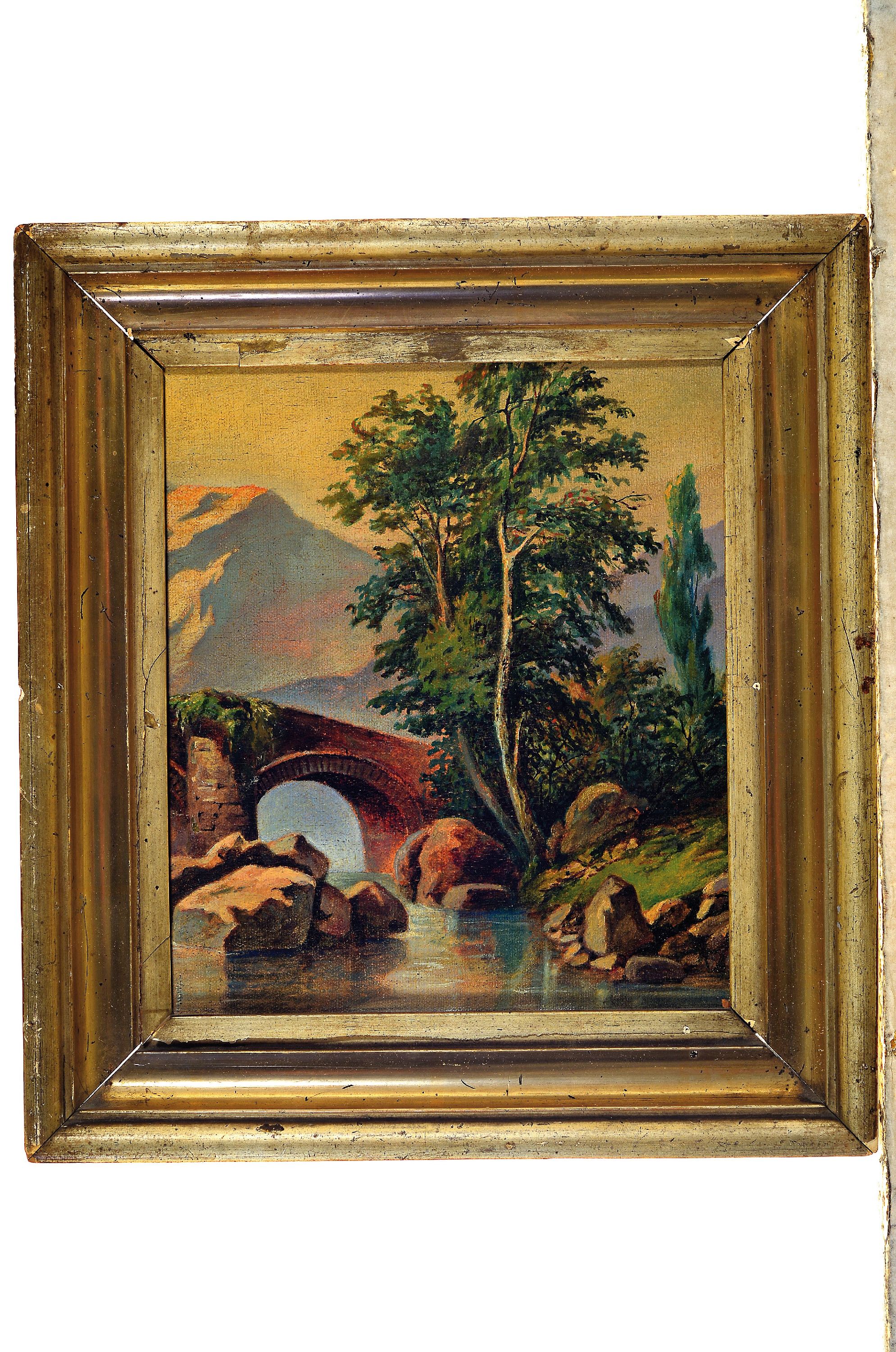 Detail k: Unbekannter Künstler, um 1900, Landschaft mit Bergen, Fluss und steinerner Brücke, Öl/Lwd, rest., ca. 22x18cm, R. ca. 27x24cm