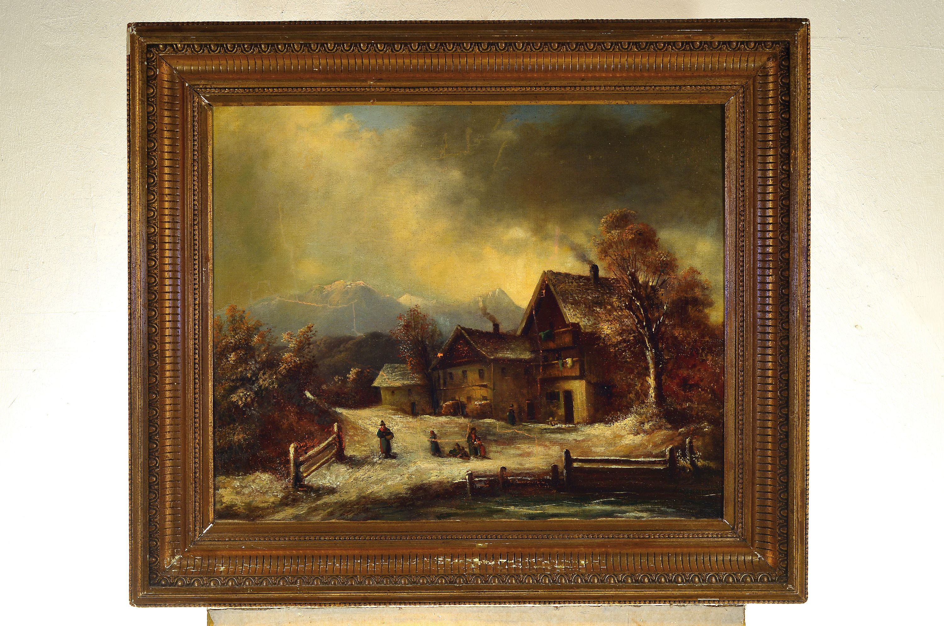 Detail k: Ernst Julius Engelmann, 1820 Gossnitz - 1902 München, Studium in Leipzig, süddeutsche Winterlandschaft mit Blick auf die Berge, Öl/Lwd, signiert, ...