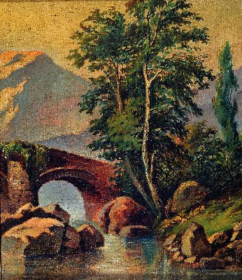 Image 26947798 - Unbekannter Künstler, um 1900, Landschaft mit Bergen, Fluss und steinerner ...