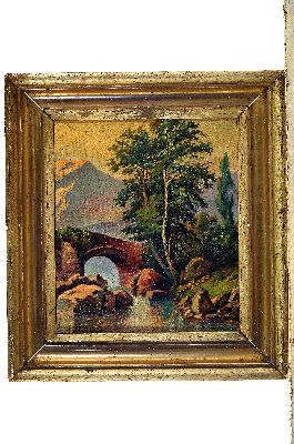 26947798k - Unbekannter Künstler, um 1900, Landschaft mit Bergen, Fluss und steinerner ...