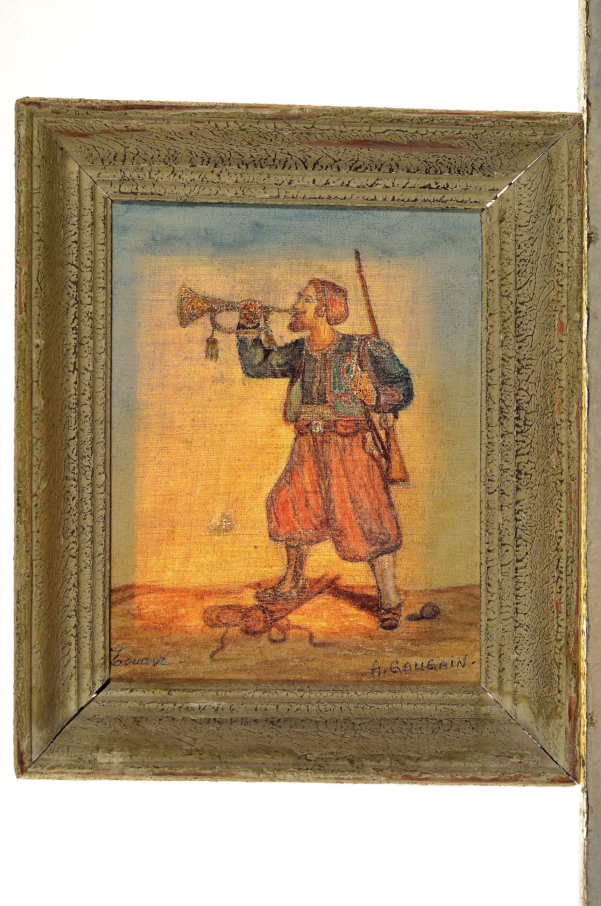 Detail k: A. Gaugain, Maler des 19. Jh., Zuave mit Horn, Öl/Lwd, links unten bez.: Zouave, rechts unten sign., ca. 24x19cm, R. ca. 31x26cm
