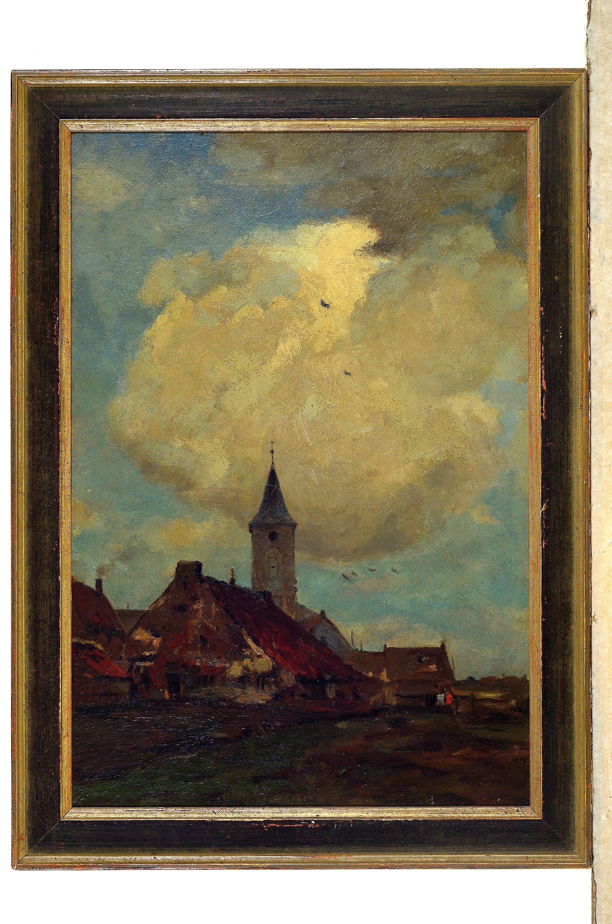 Detail k: wohl niederländischer Maler, Ende 19. Jh., Dorfansicht bei aufziehendem Gewitter, Öl/Lwd, re. unten signiert und dat. 93 (?), unleserlich signiert ...