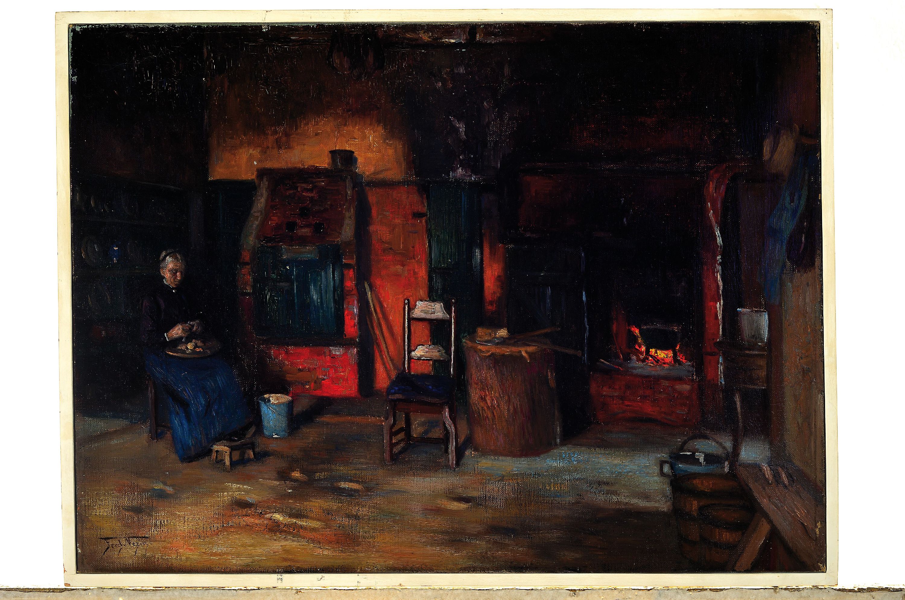 Detail k: Federick Vezin, 1959 Philadelphia - 1942 Düsseldorf, Stubeninterieur, Frau beim Gemüse schälen, detaillierte Darstellung der bäuerlichen ...