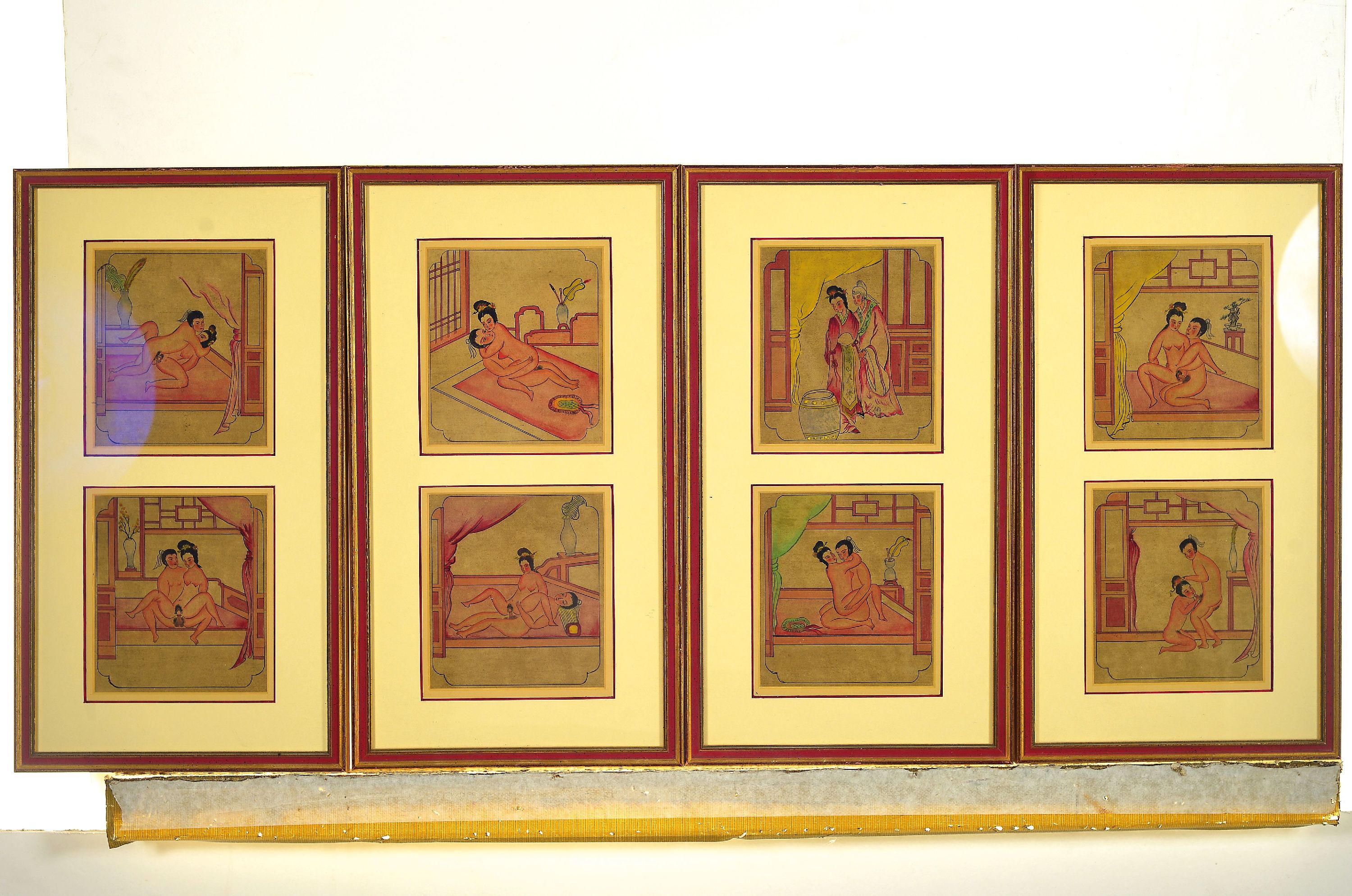 Detail k: 5 Shunga-Blätter, China, wohl um 1900, aquarelliert Zeichnungen, je zwei Ansichten in einem Rahmen, insgesamt 10 Darstellungen, PP., unter Glas, ...