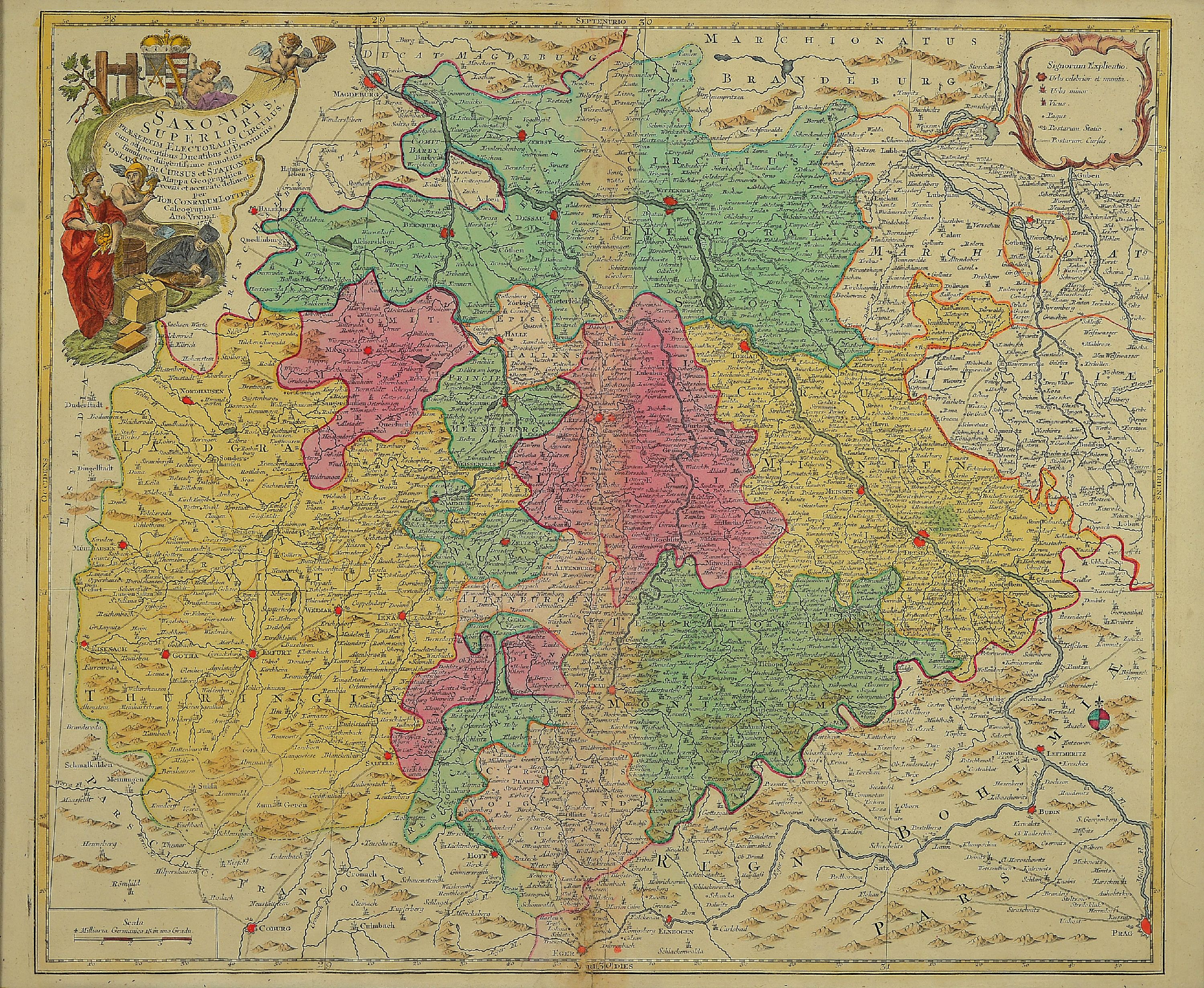 Detail a: 2 Kupferstichkarten, Aug. Vindell 1758 und Jo. Babtiste Homan, Carinthiae Ducatus, Österreich, mit Ansicht der Stadt Clagenfurt, und Saxoniae ...