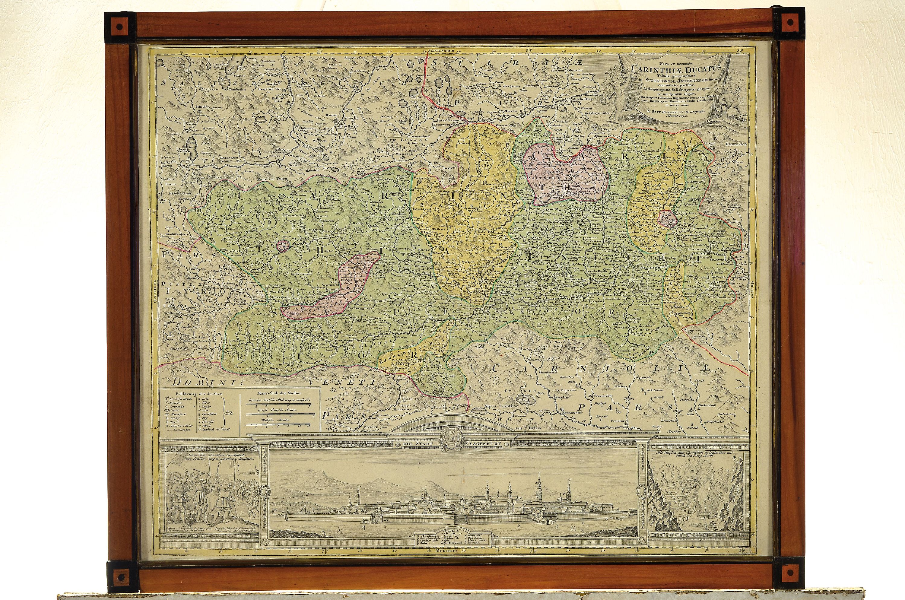 Detail k: 2 Kupferstichkarten, Aug. Vindell 1758 und Jo. Babtiste Homan, Carinthiae Ducatus, Österreich, mit Ansicht der Stadt Clagenfurt, und Saxoniae ...