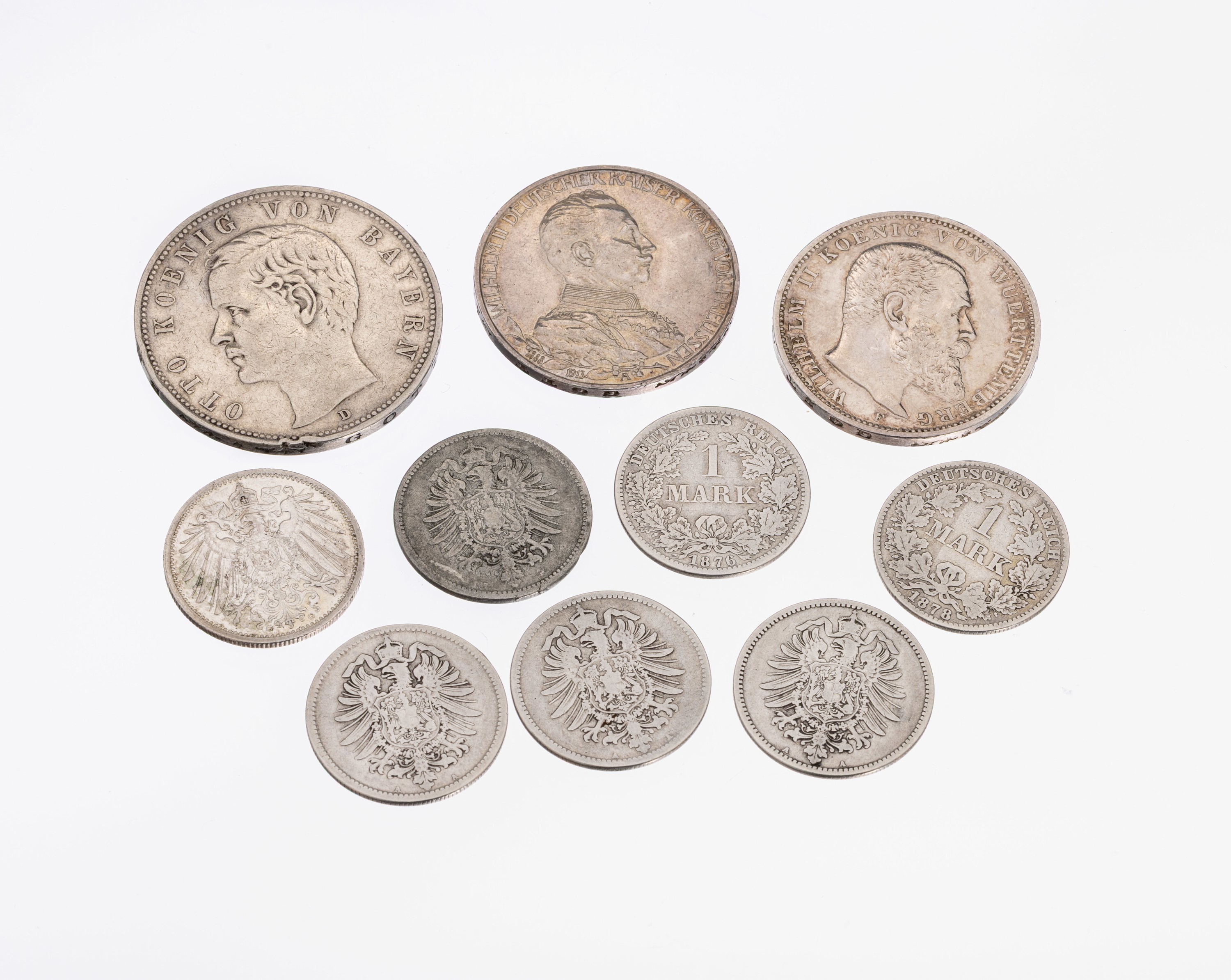 Konvolut 10 Silbermünzen, Deutsches Kaiserreich, 1 x 5 Mark: Otto Koenig von Bayern 1902; 1 x 3 Mark: Wilhelm II 1913; 1 x 3 Mark: Wilhelm Koenig ...