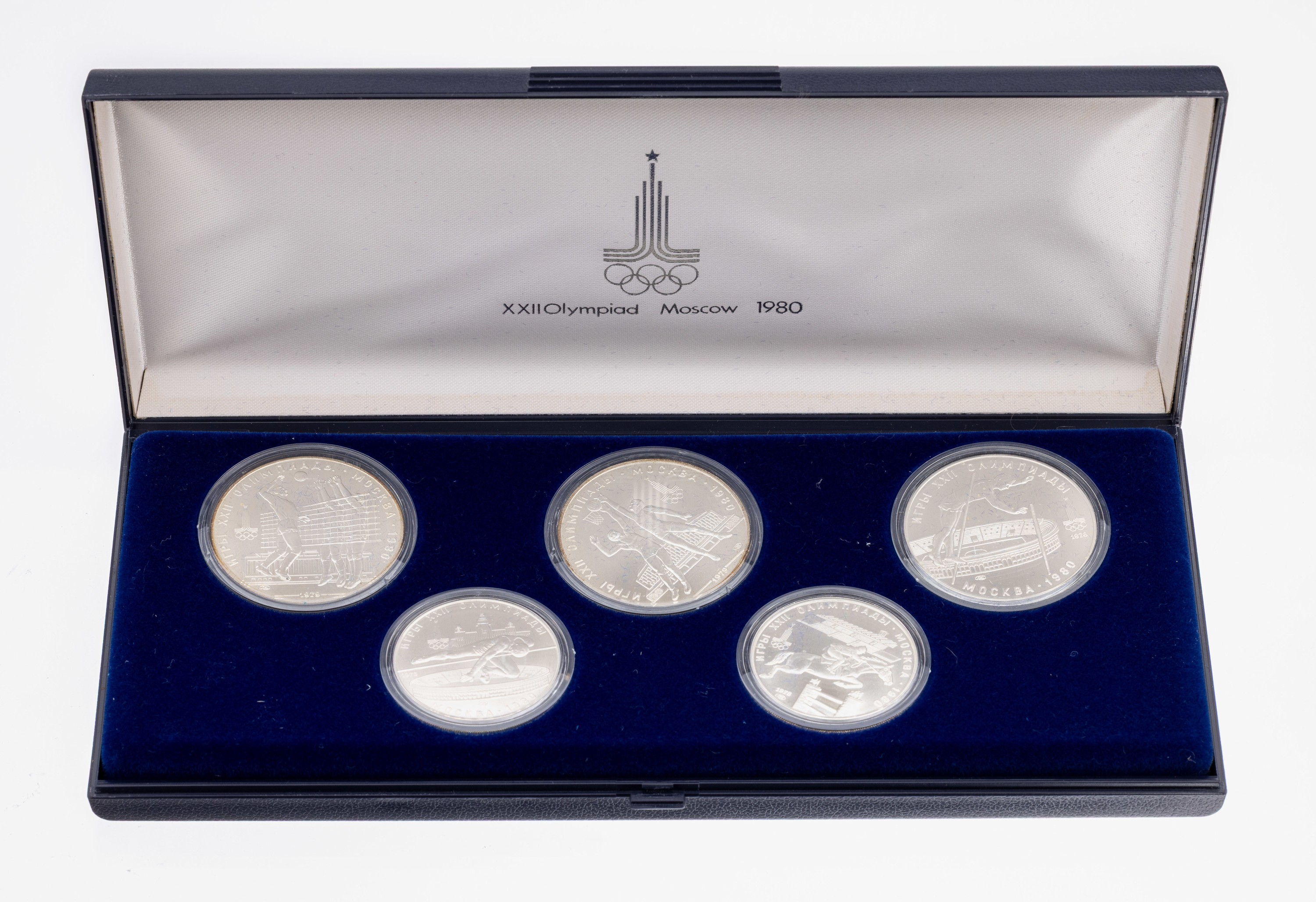 Set 5 Silbermünzen, zur Olympiade 1980 in Moskau, 3 x 10 Rubel, 2 x 5 Rubel, Darstellungen verschiedener olympischer Disziplinen, in Münzkapseln, ...
