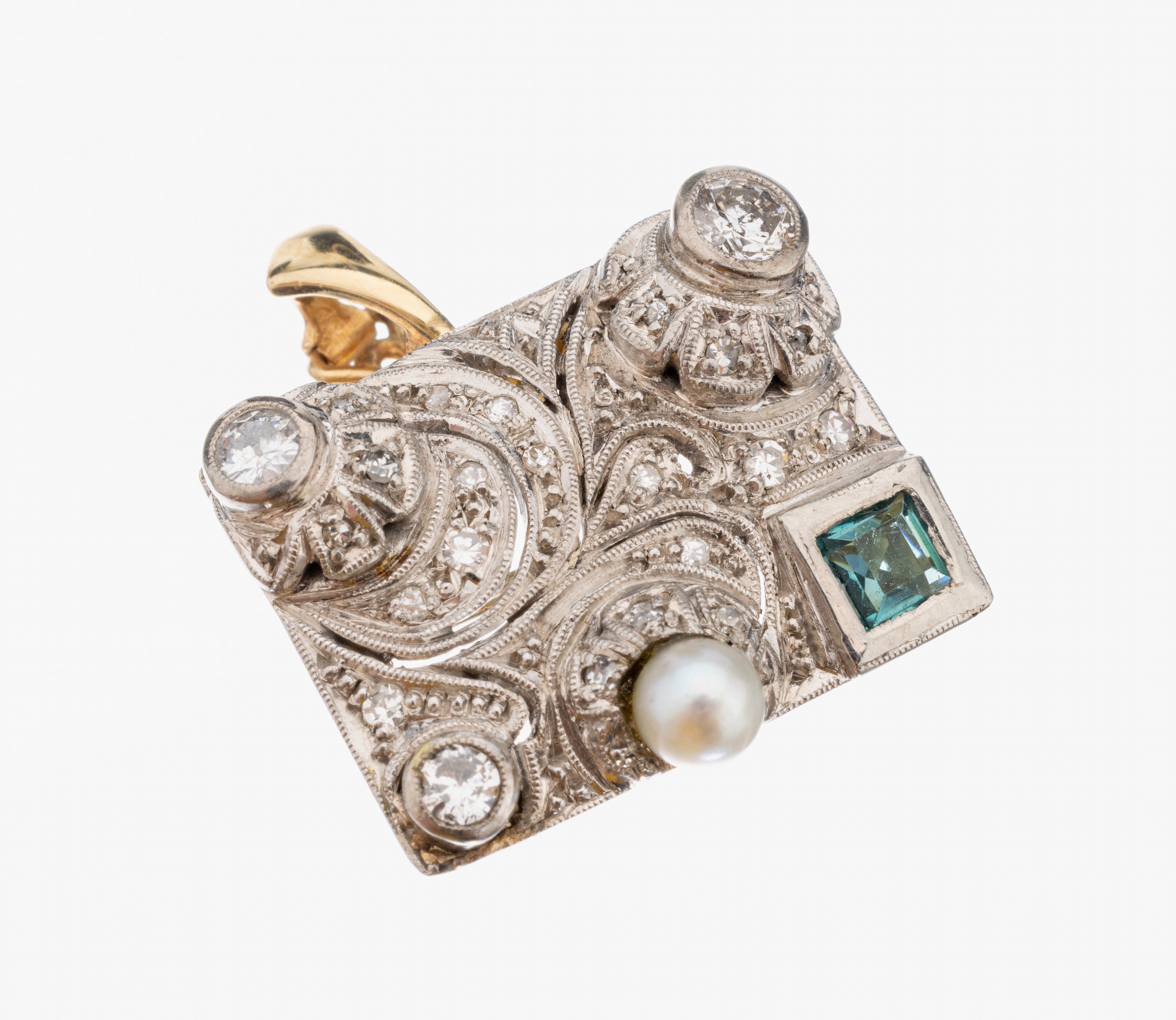 14 kt Gold Art-Deco Diamant-Smaragd-Perl Anhänger/Brosche, GG/WG 585/000, gepr., vs. in WG bes. mit 3 Brillanten zus. ca. 0.32 ct Weiß/p 1, 24 ...