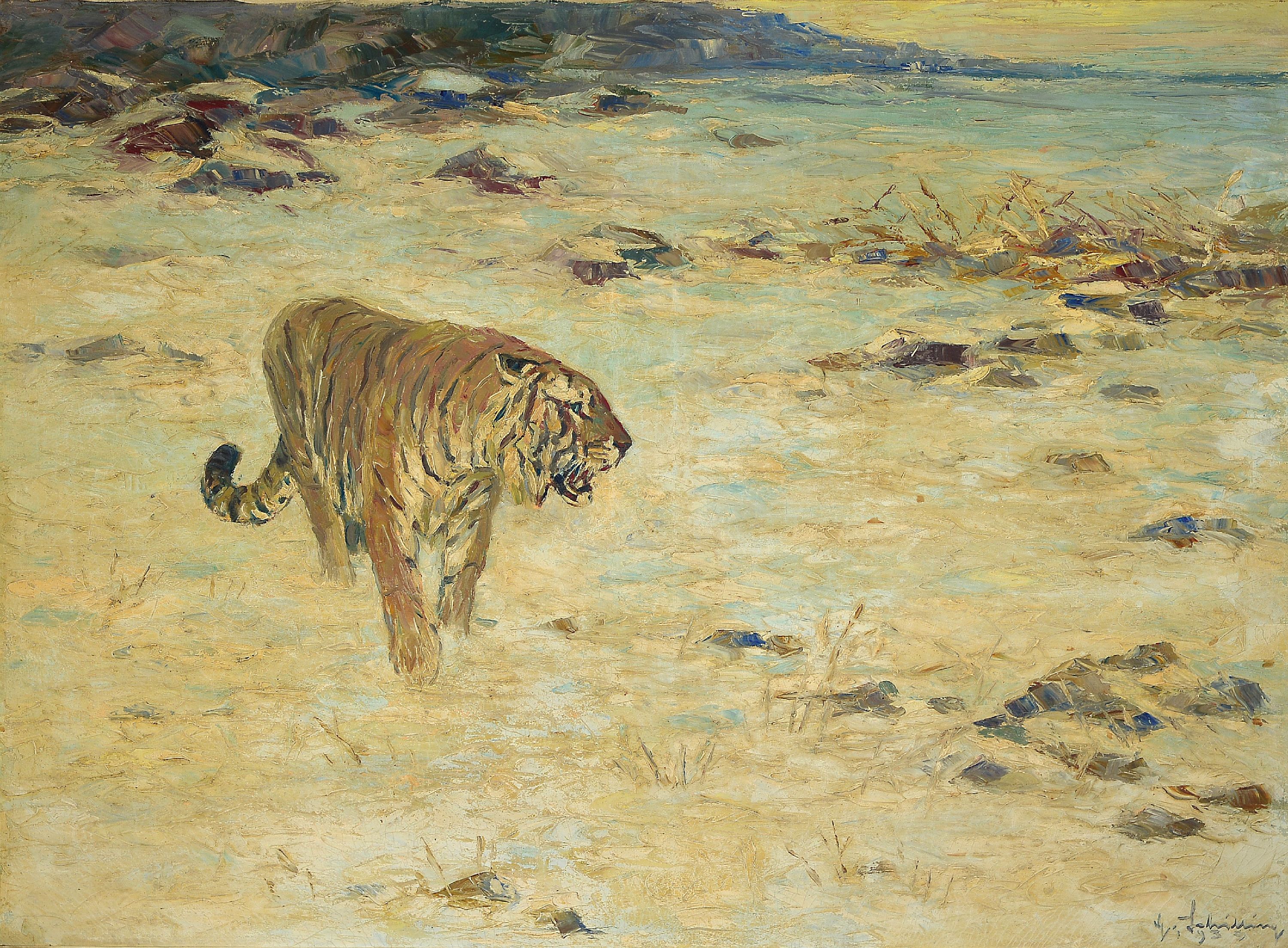 Georg Schilling, 1899 Fürth - 1963, Tiger an der Küste, Öl/Lwd, re. unten signiert, Altersspuren, ca. 74 x 100 cm, Rahmen ca. 91 x 116.5 cm, ...