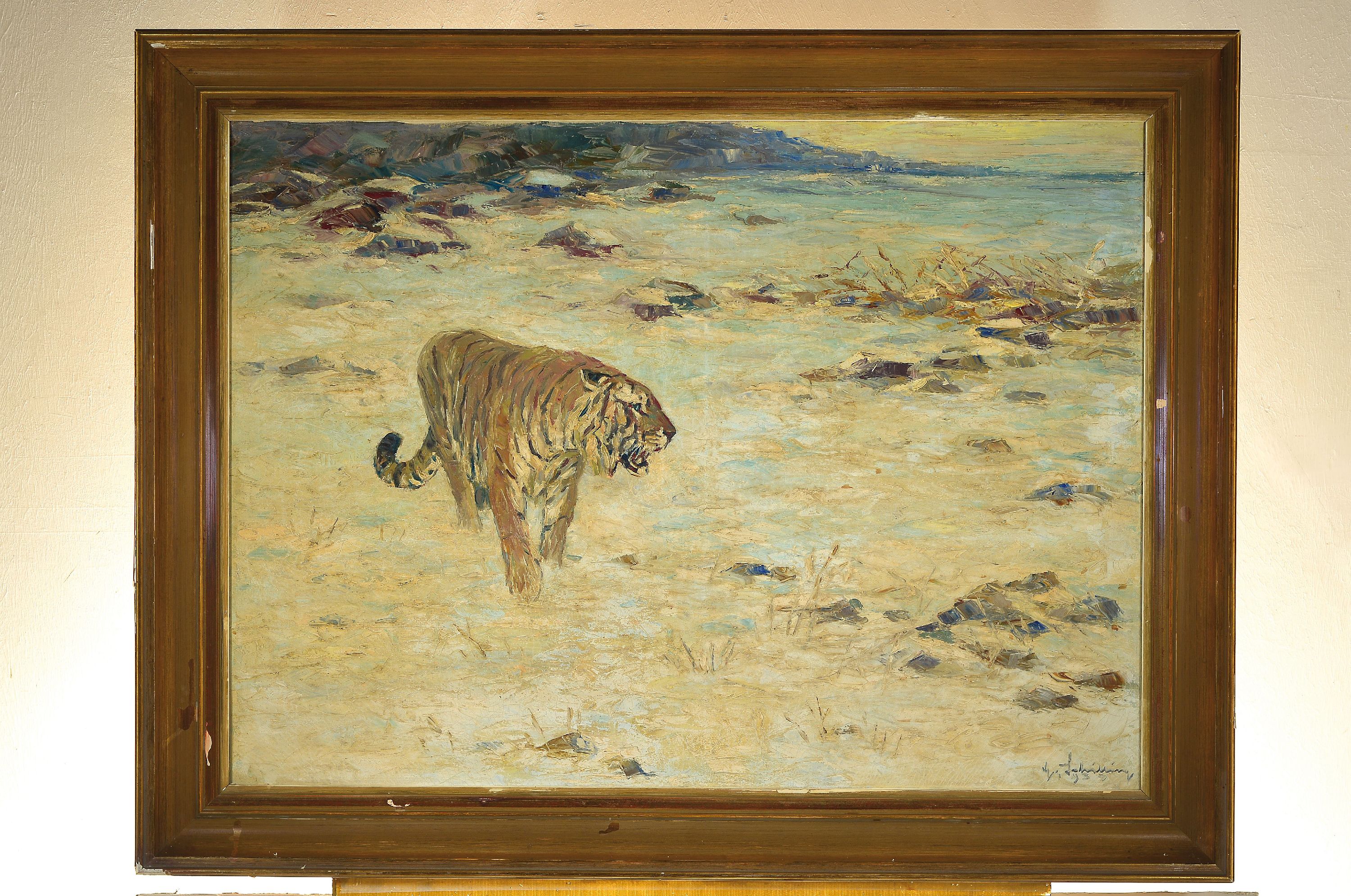 Detail k: Georg Schilling, 1899 Fürth - 1963, Tiger an der Küste, Öl/Lwd, re. unten signiert, Altersspuren, ca. 74 x 100 cm, Rahmen ca. 91 x 116.5 cm, ...
